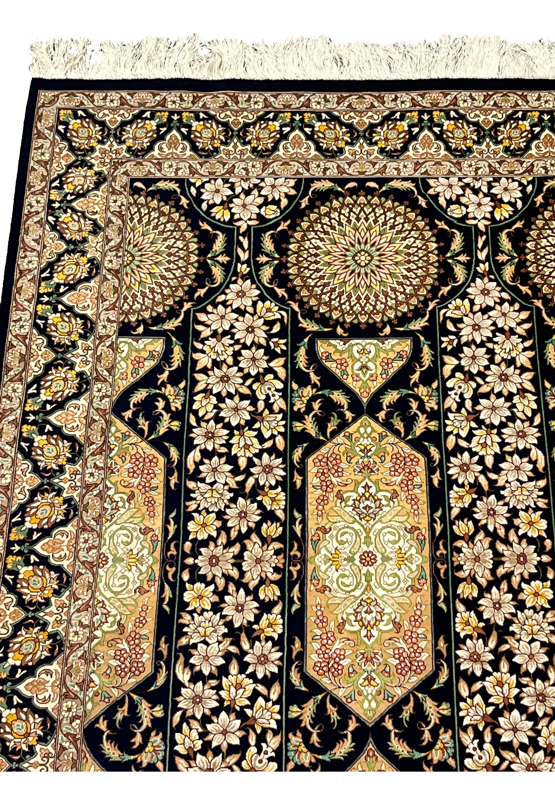 Upper section with radial rosette medallion and floral columns crisp silk texture luminous sheen signed Persian Qum miniature style rug.