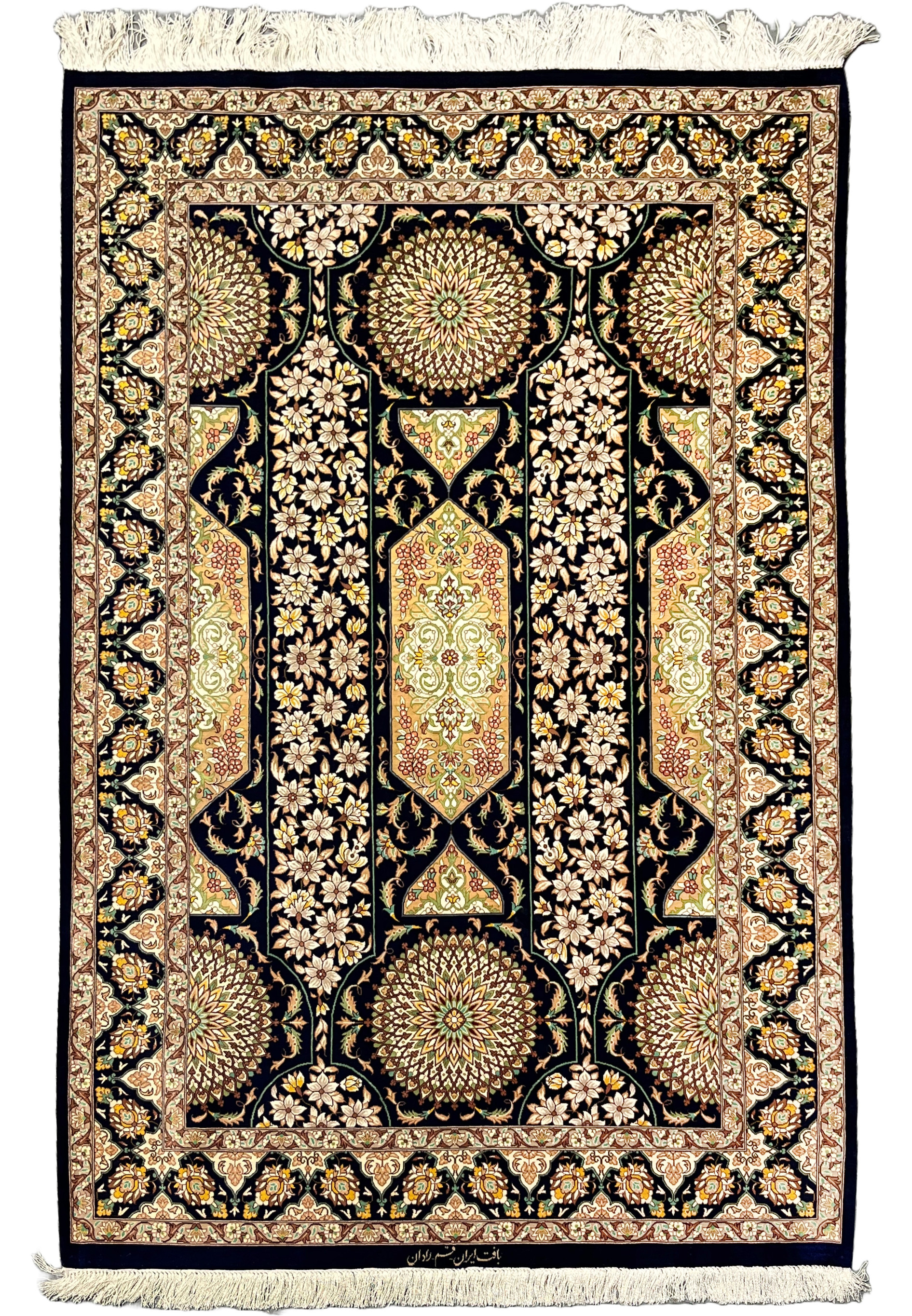 Persian Qum pure silk rug full view navy field with floral panels rosette medallions ivory flowers and intricate signed border handmade 1000 KPSI