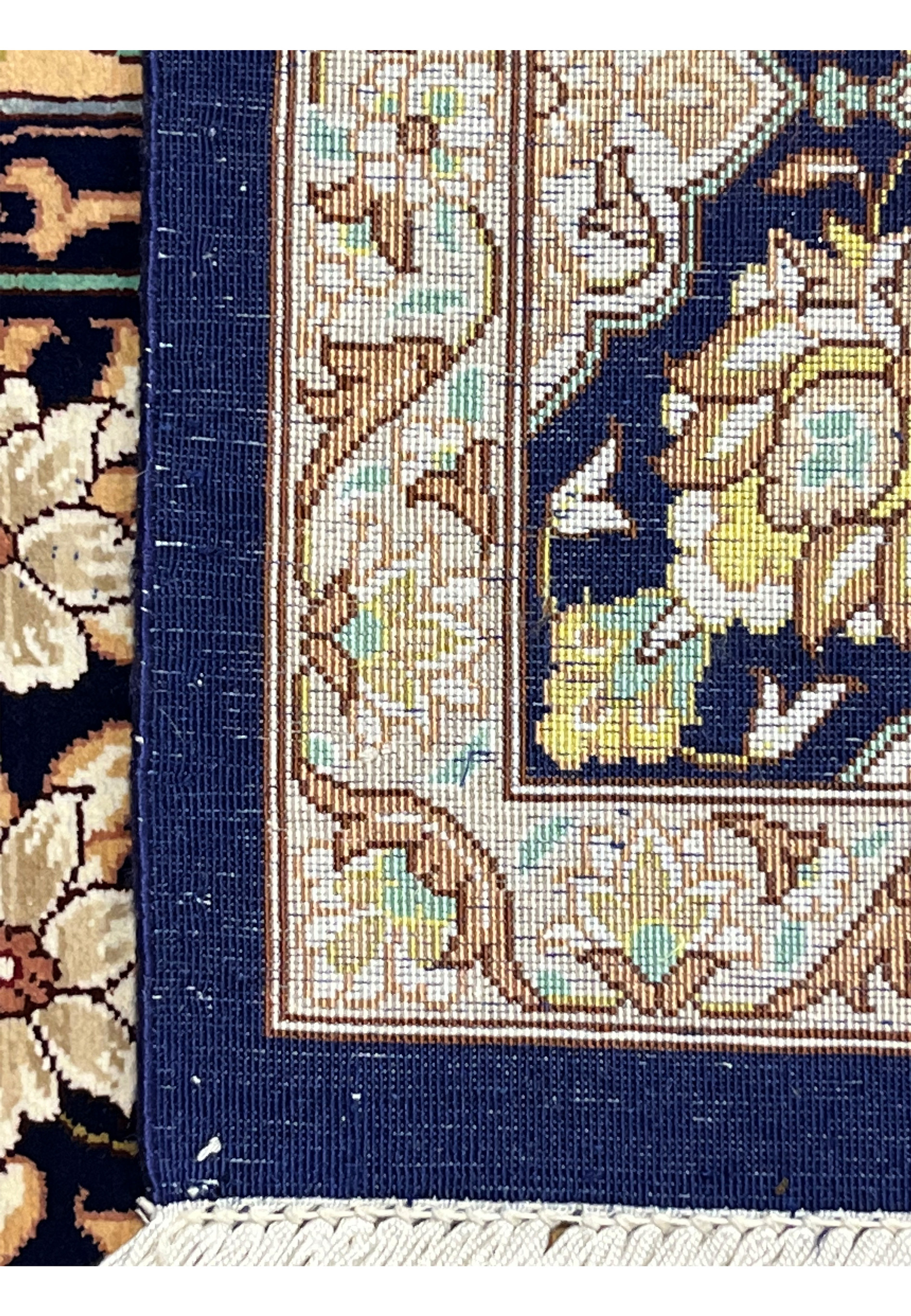 Backside view displaying extremely tight knot grid, clear design outlines and fine silk foundation typical of 1000 KPSI Persian Qum rugs.