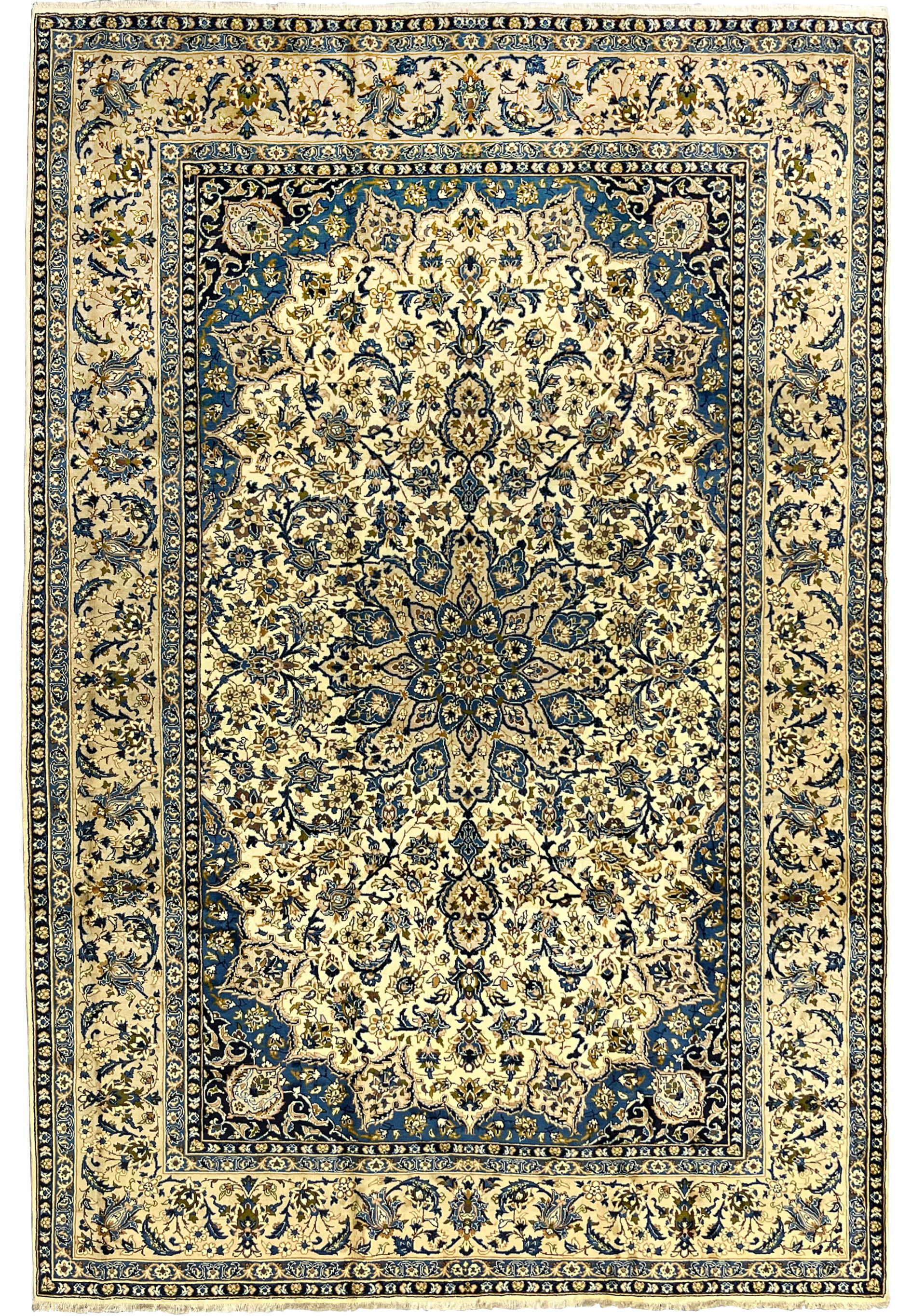 10'2 x 14'3 Persian Kashan rug full view with ivory field navy floral border and intricate central medallion handmade wool carpet from Persia