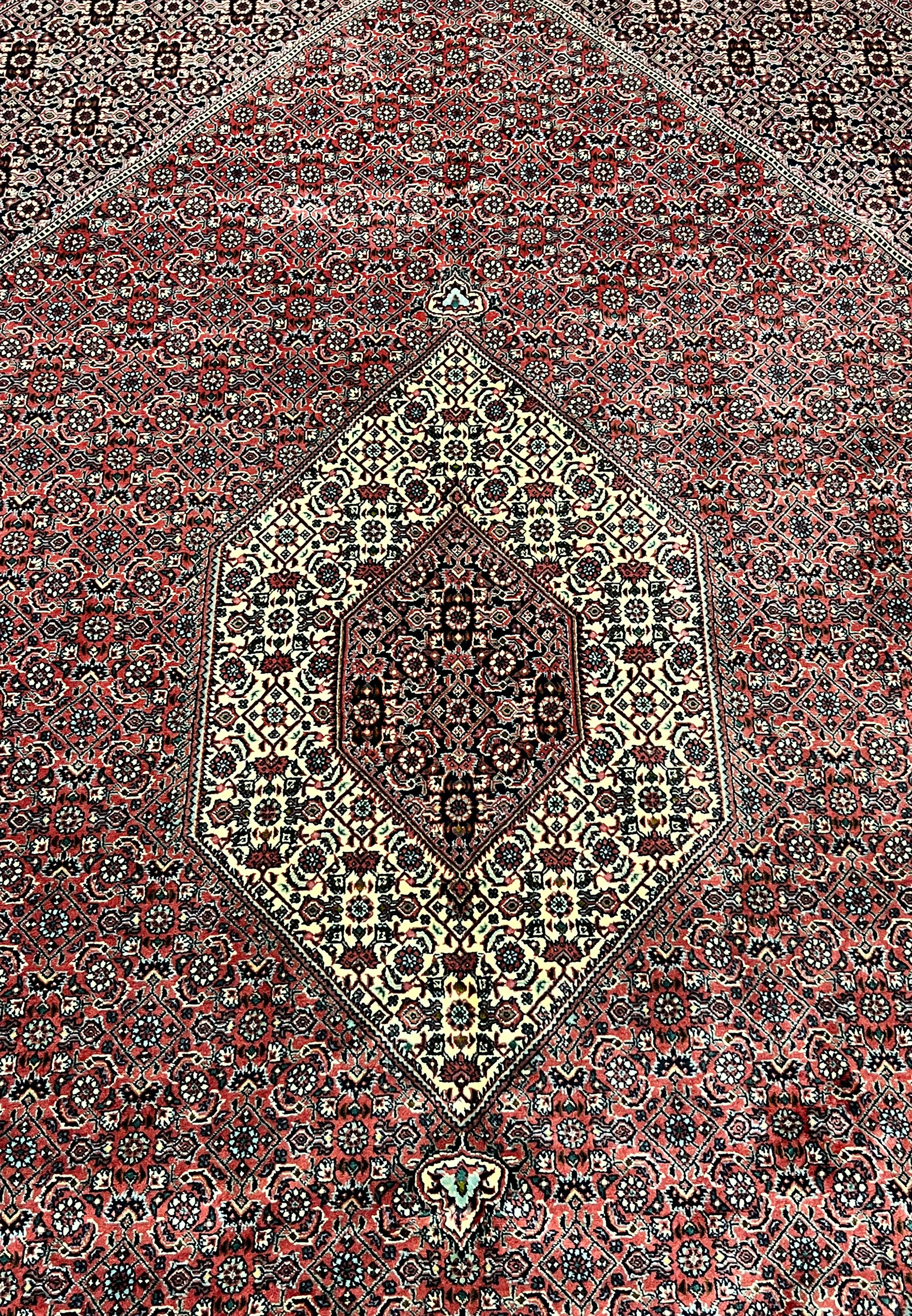 Close up diamond medallion of 8'2 x 11'4 Persian Bijar Iron Rug in deep red and ivory with dense Herati pattern and fine wool detail