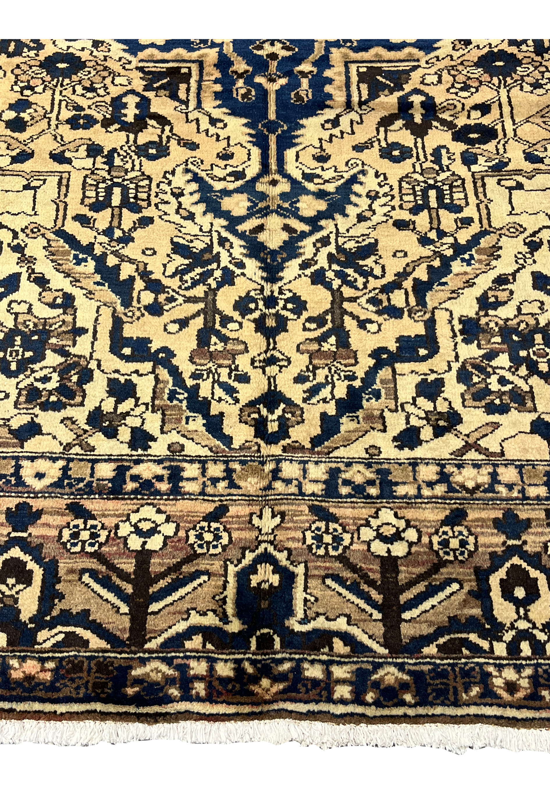 11x13'3 Vintage Persian Heriz rug lower border detail in muted navy blue, ivory and taupe with geometric floral motifs and aged wool texture