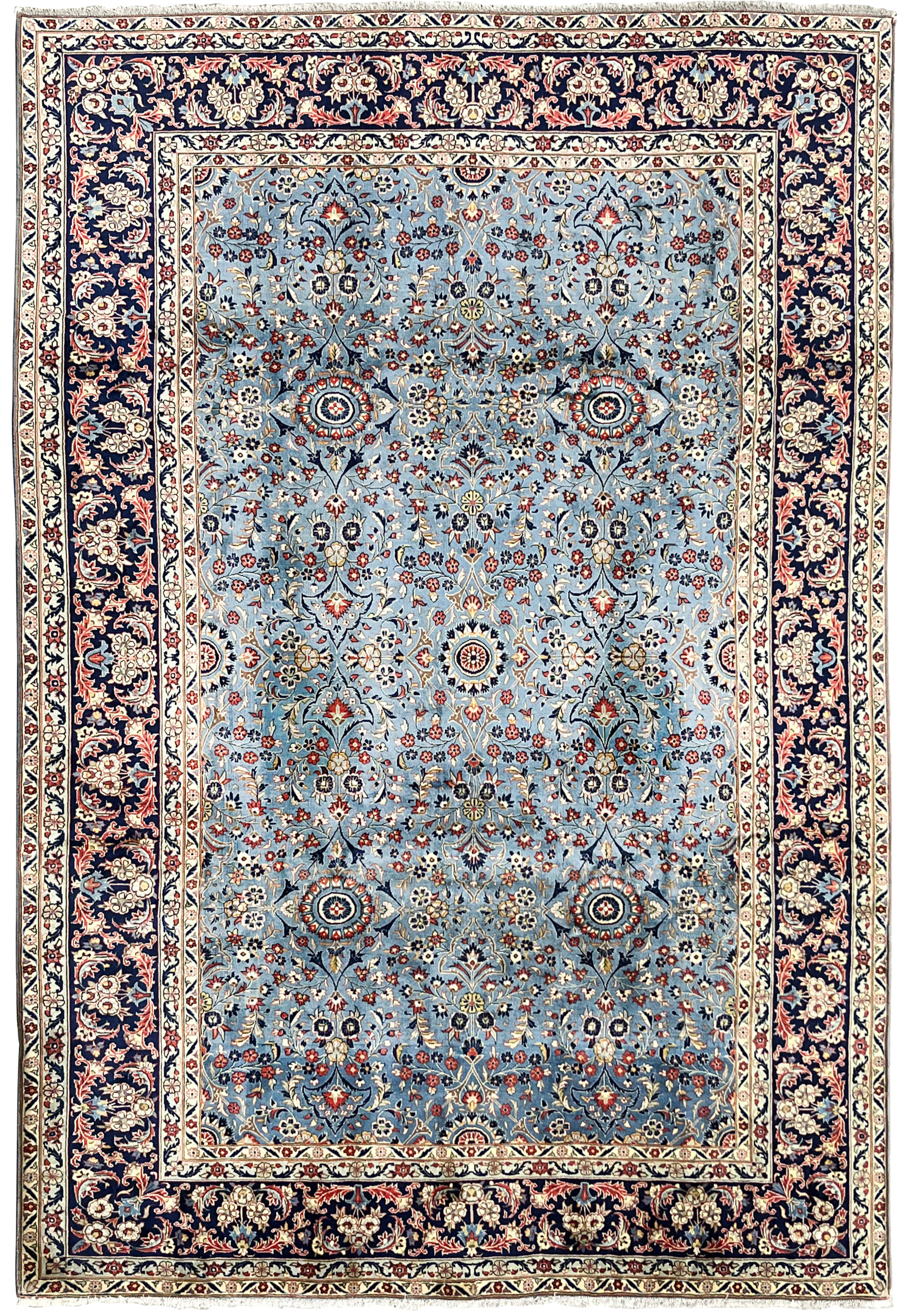 Vintage Persian Kashan rug 8x12 flatlay top view steel blue allover islimi floral field