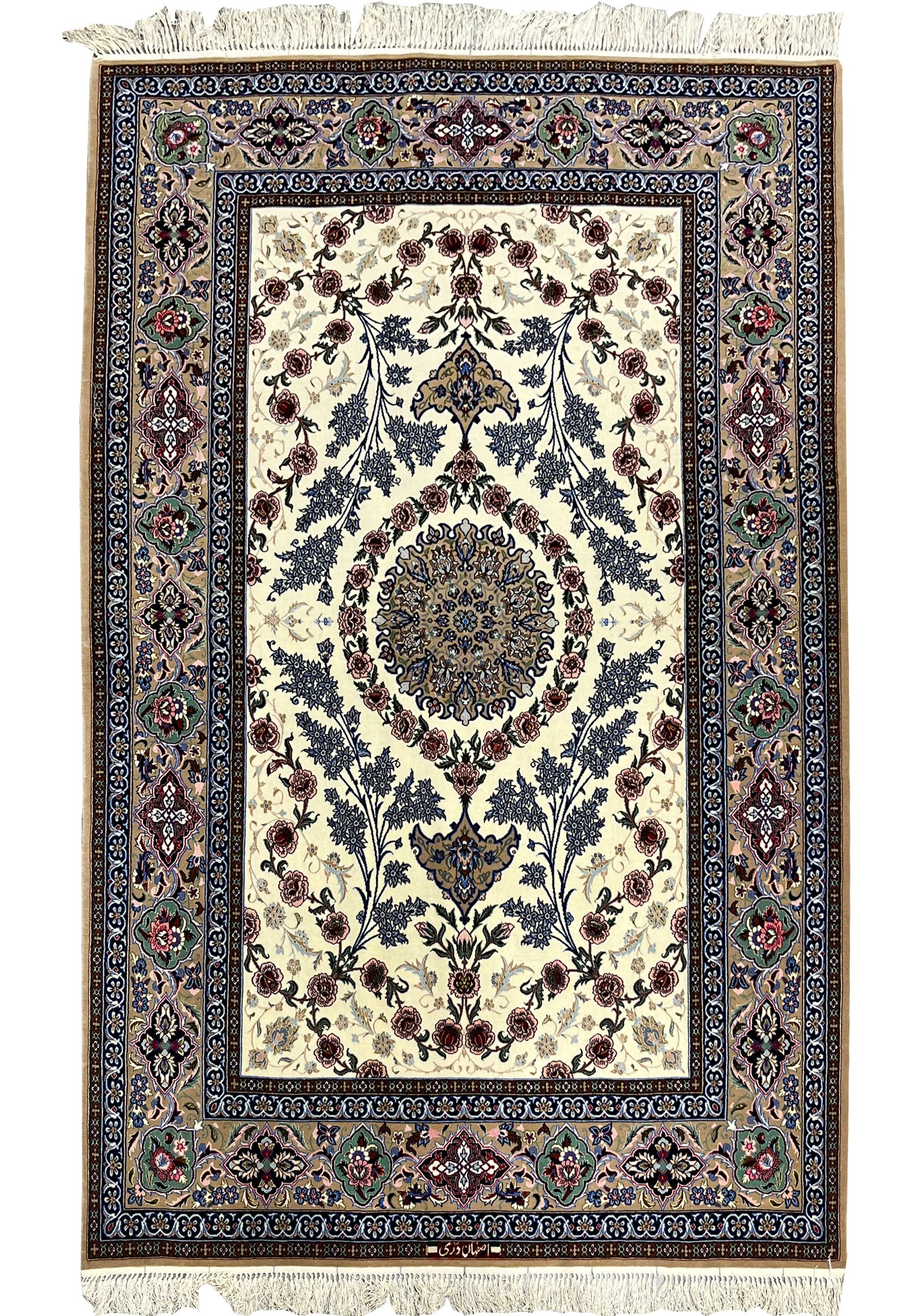 5x8 Persian Isfahan wool silk rug ivory field blue floral medallion signed Darri handmade Persia