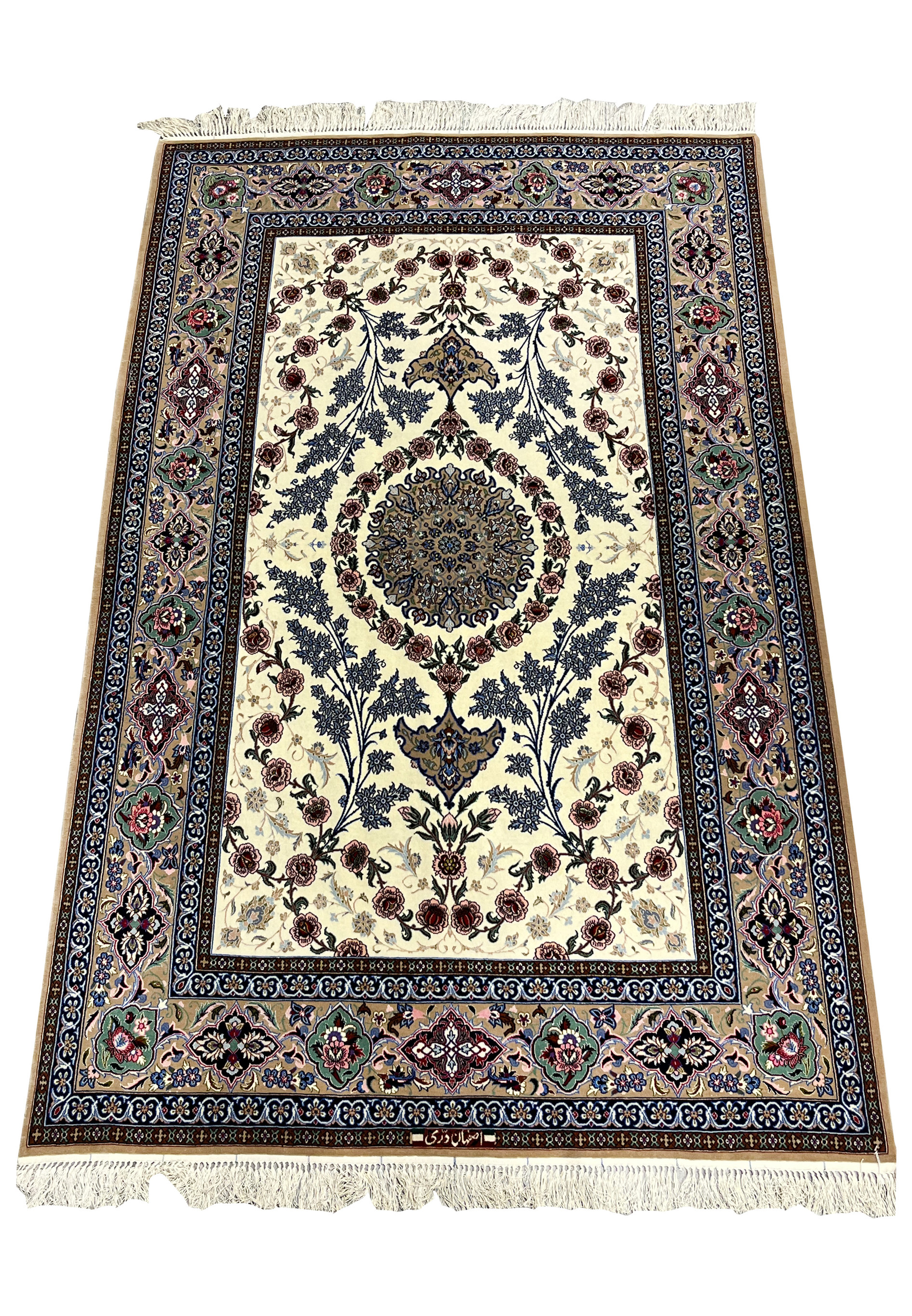 Top view Persian Isfahan 5x8 wool silk rug ivory ground central medallion blue floral design signed Darri