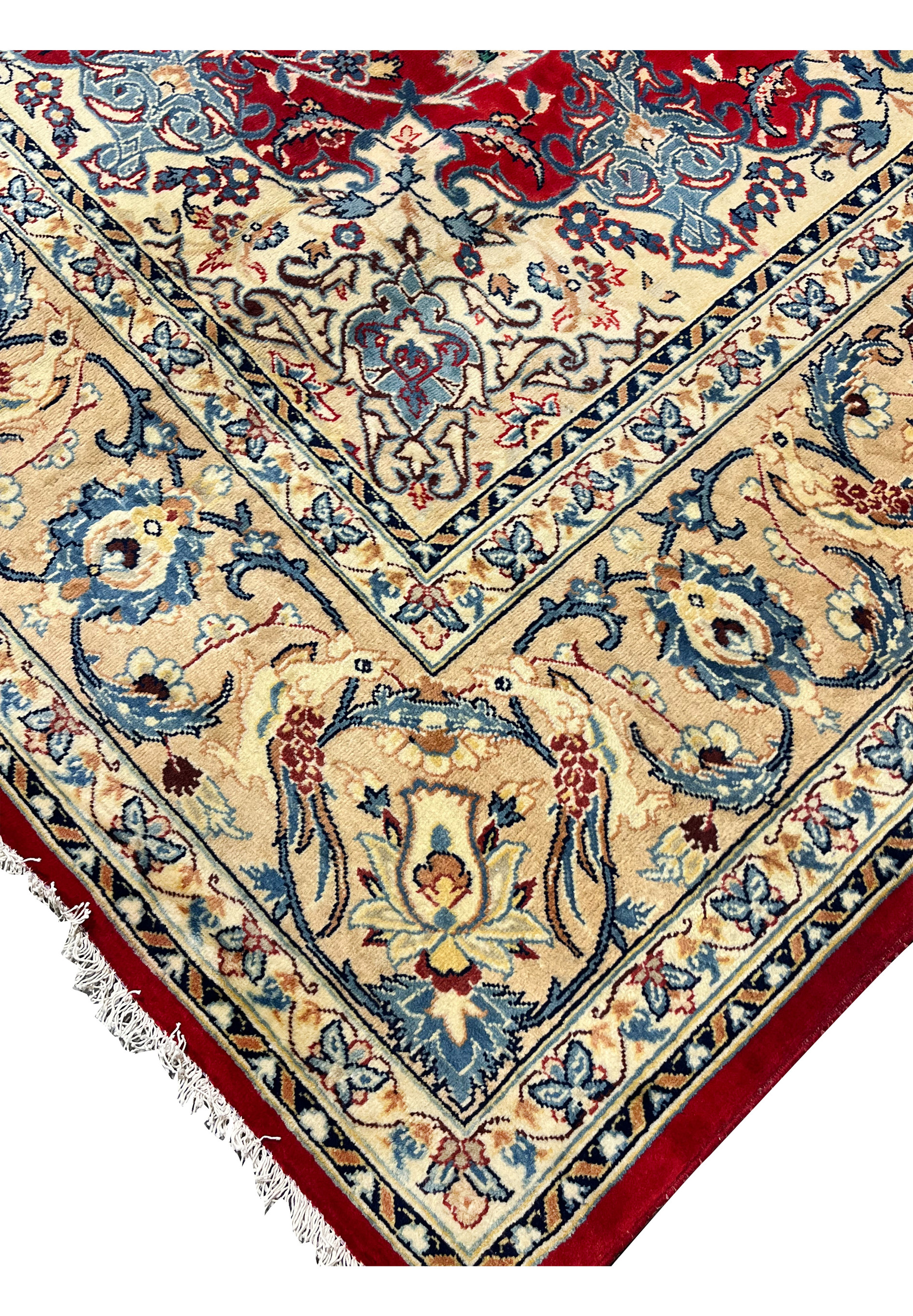 Edge corner detail 10x13 Persian Isfahan wool rug ivory border blue floral arabesques hand knotted crimson red field