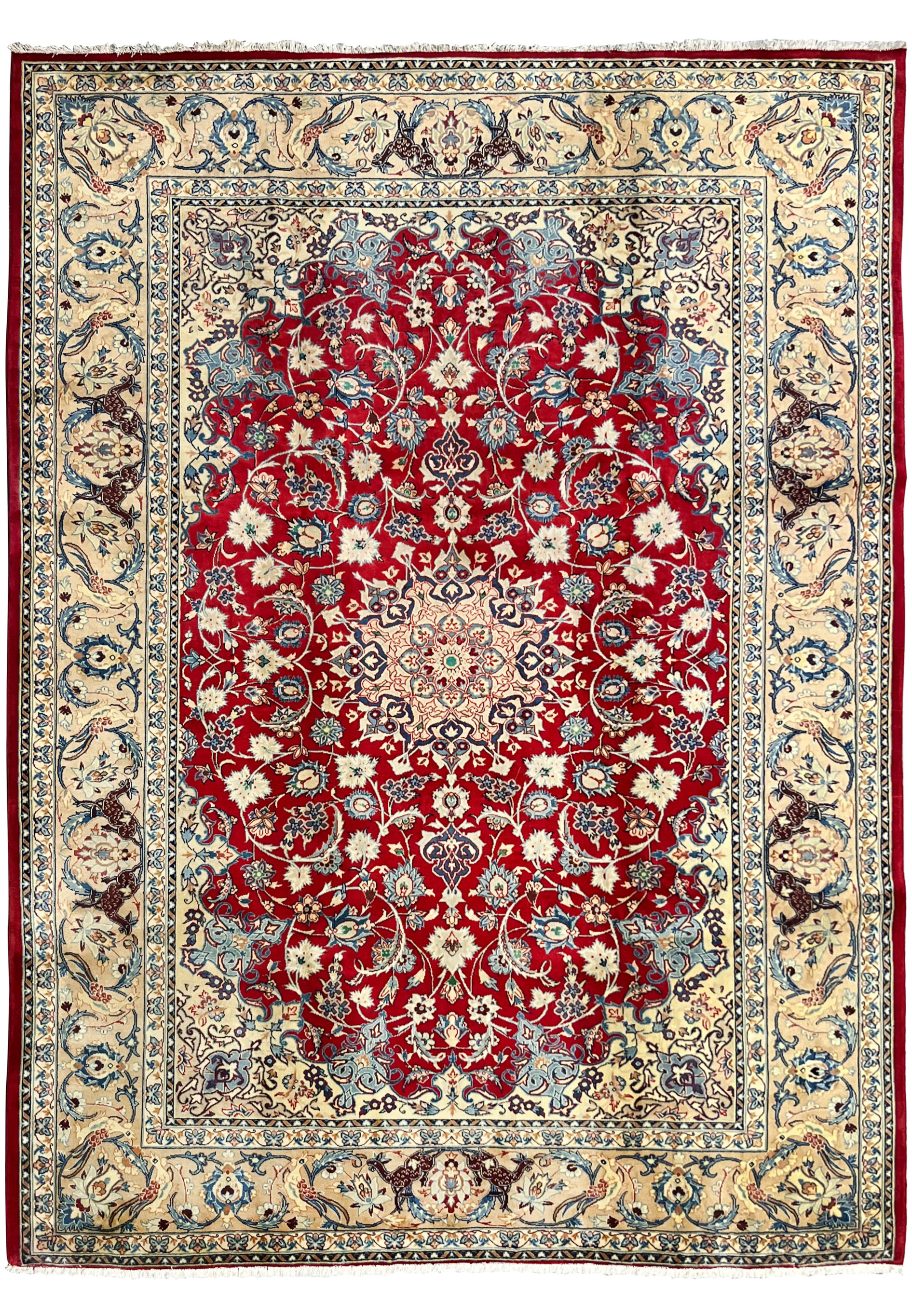10x13 handmade Persian Isfahan wool rug crimson red field ivory border floral medallion animal and bird motifs Persia