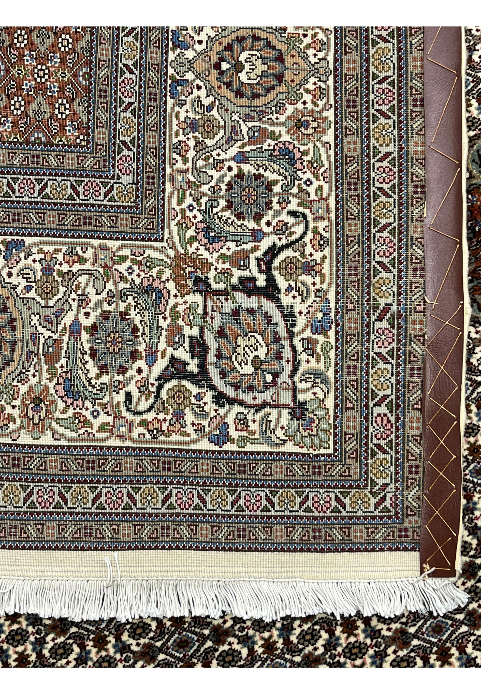 Backside Persian Tabriz Mahi wool silk rug 50 Raj hand knotted cotton foundation crisp herati fish pattern visible