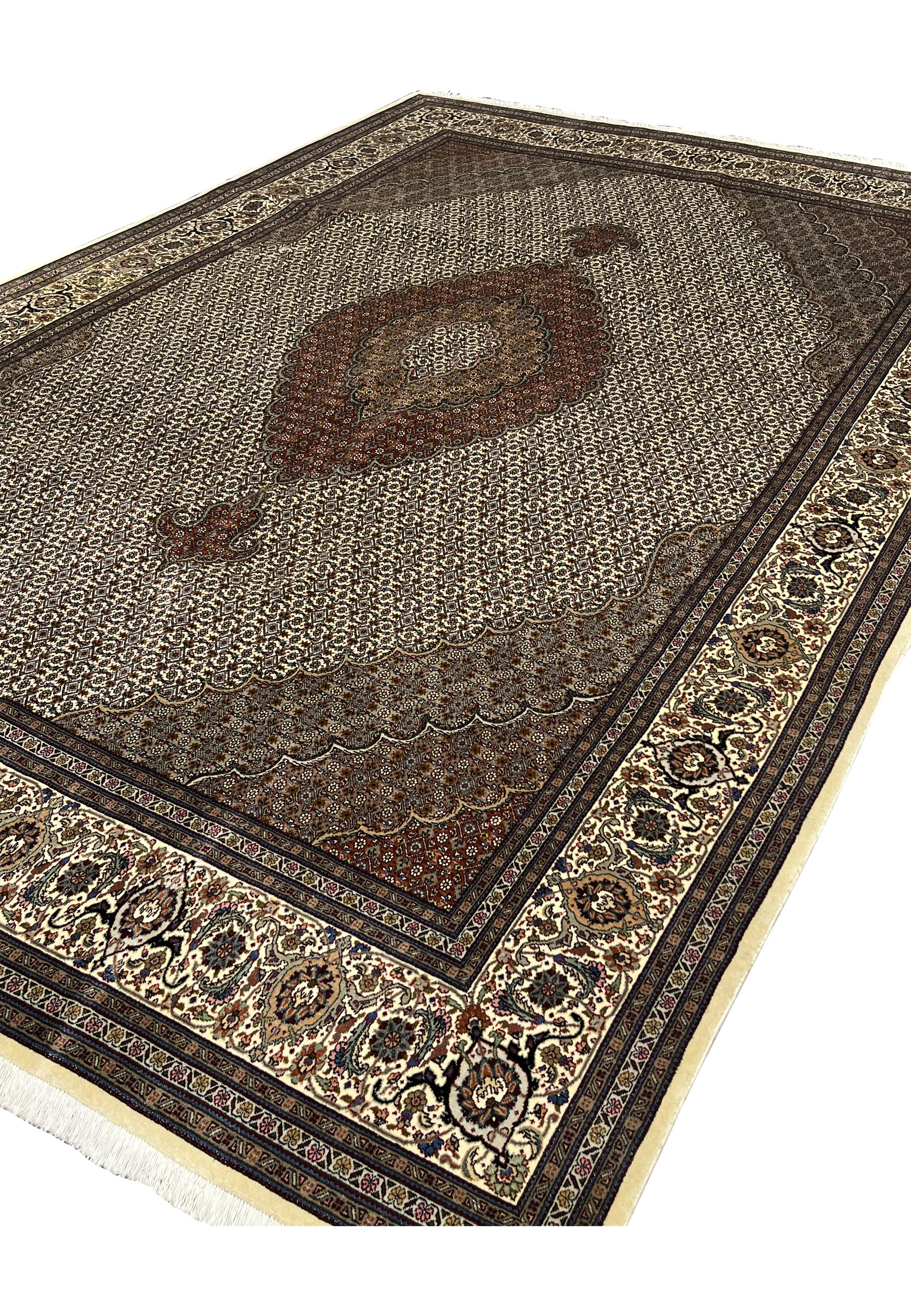Angled view 7x11 Persian Tabriz Mahi wool silk rug 50 Raj ivory field brown medallion ivory border handmade Persia