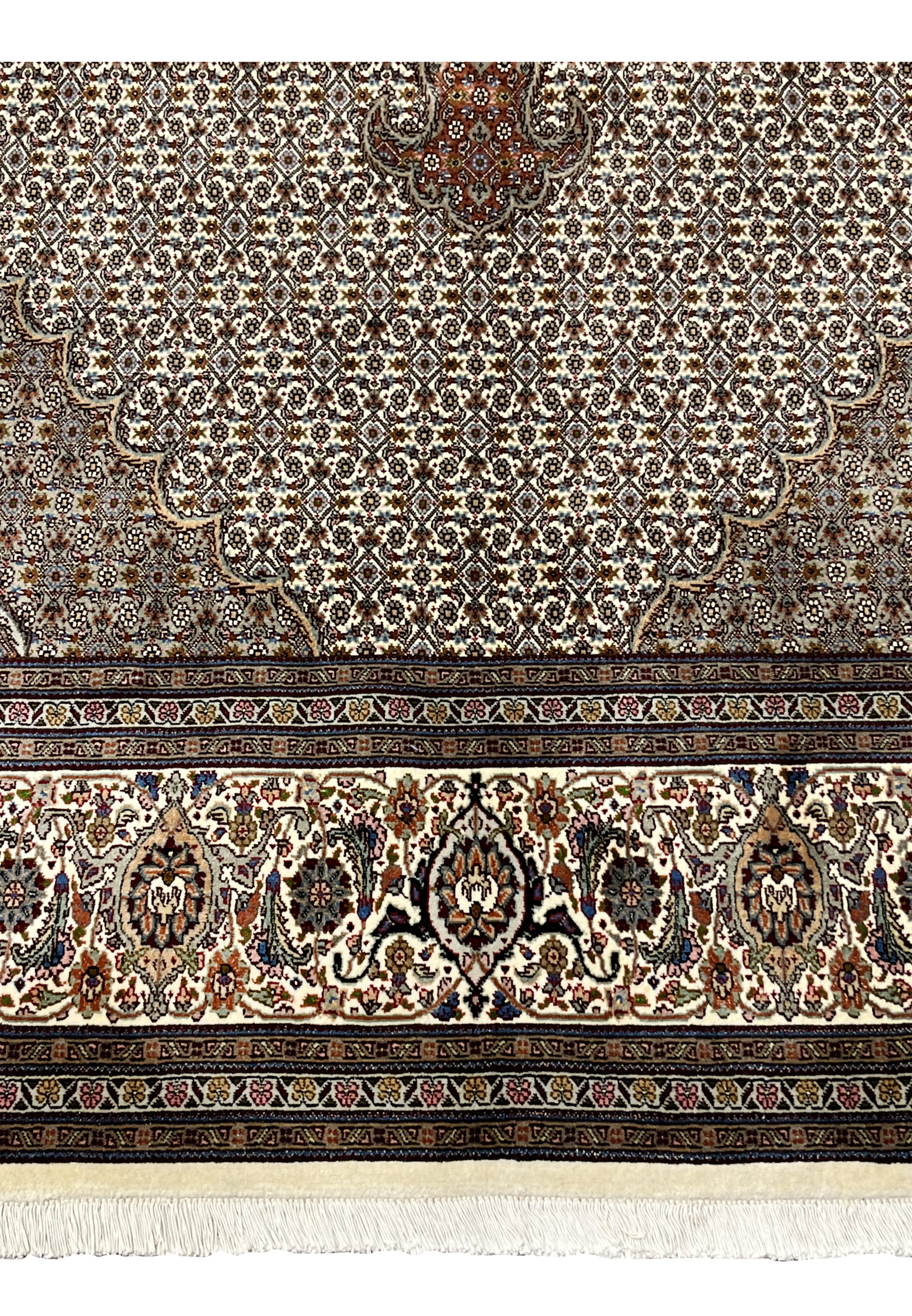 Lower border detail Persian Tabriz Mahi 50 Raj wool silk rug ivory ground floral palmette scrollwork navy guard stripe