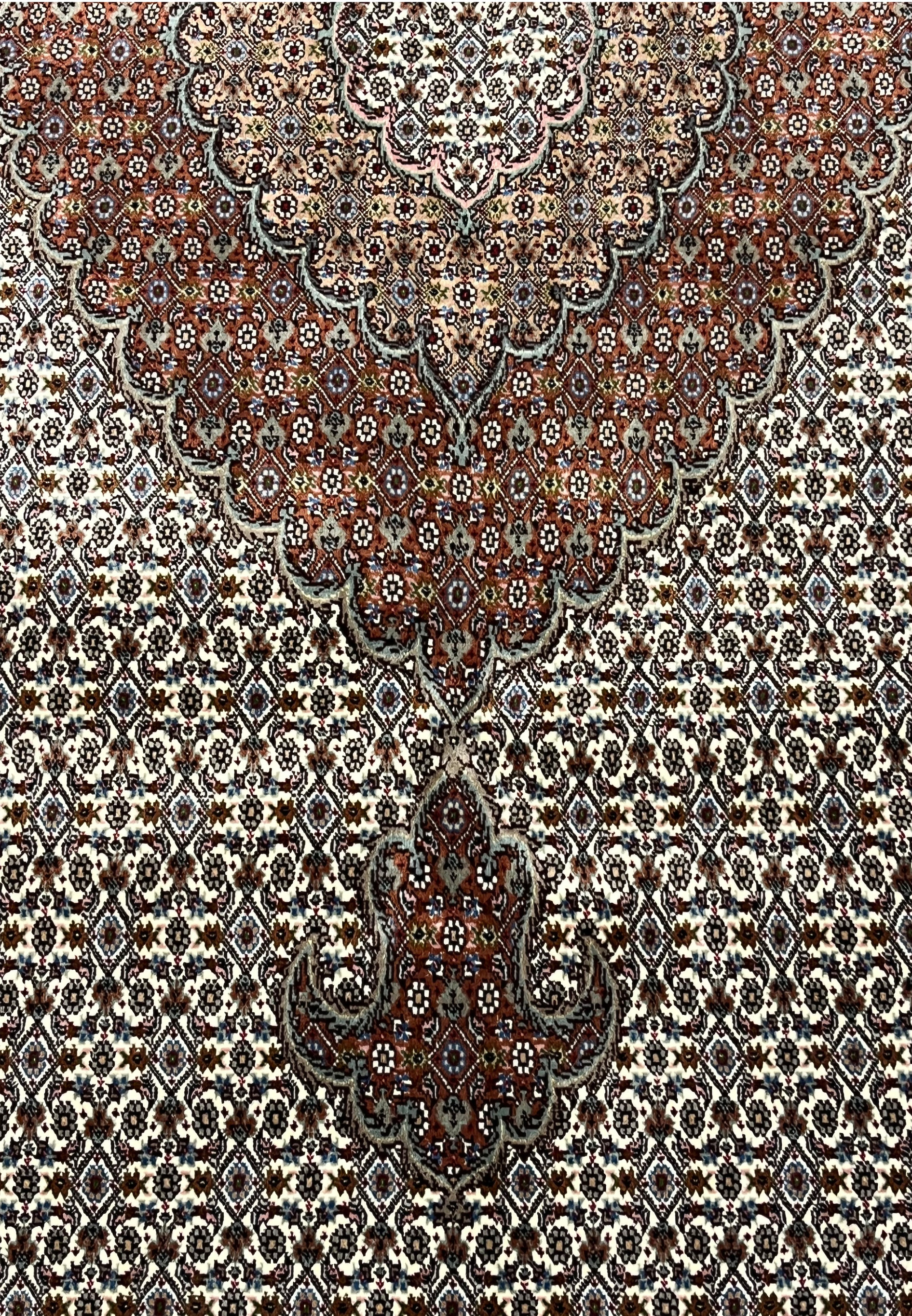 Fish pattern closeup Persian Tabriz Mahi 50 Raj wool silk rug herati all over design ivory brown blue handmade