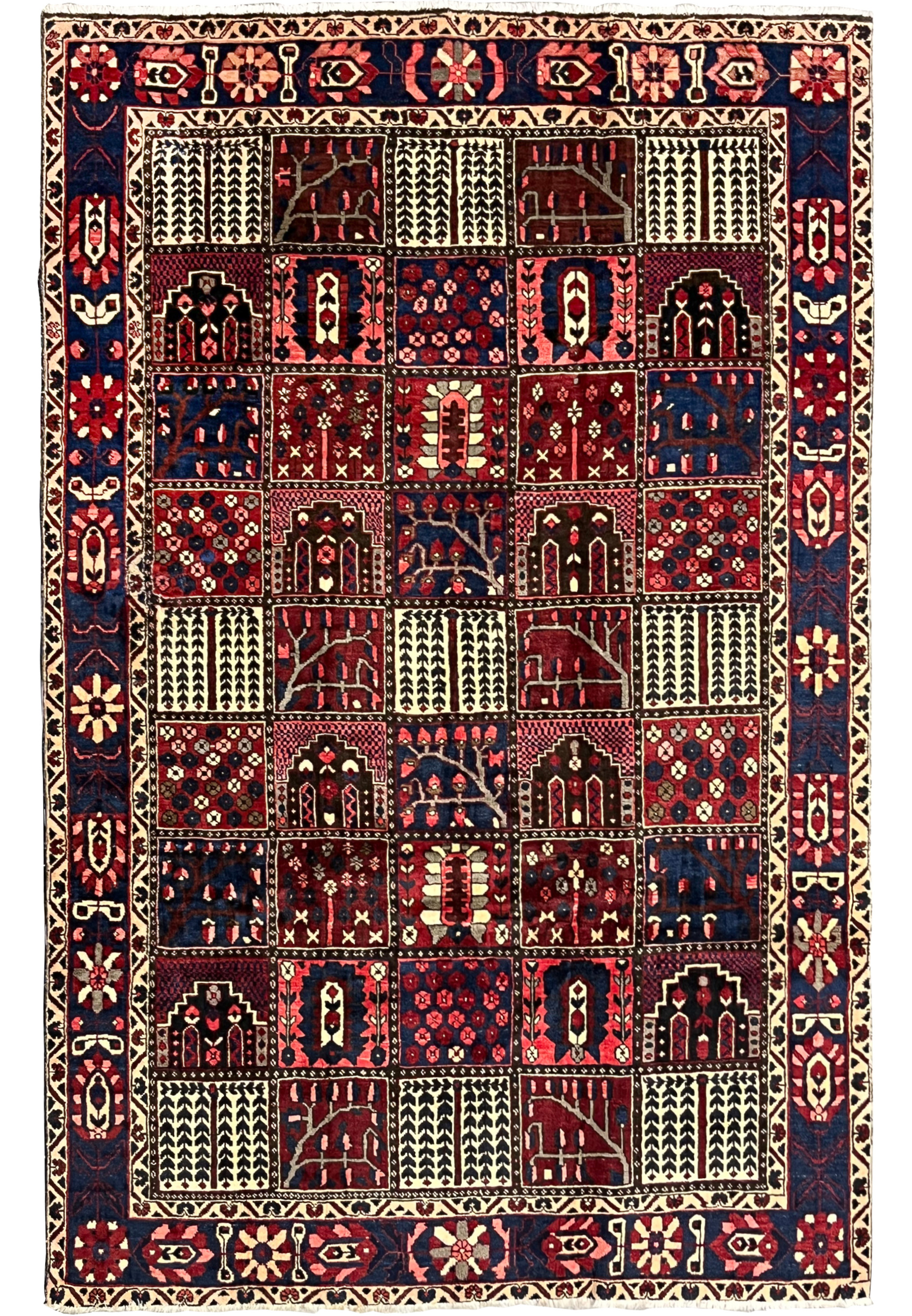 Hand-knotted 7x10 Persian Bakhtiari wool rug with red and navy panel design, full view