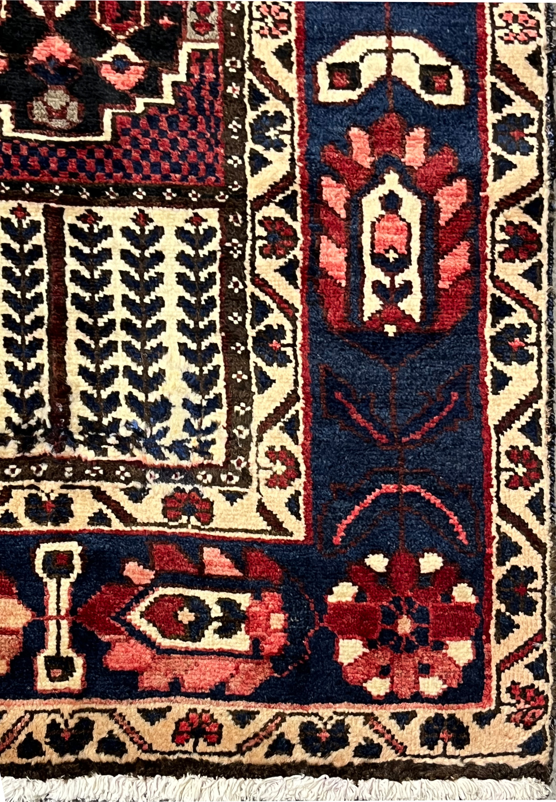 Close-up of Bakhtiari rug border showing floral vine and tulip motifs, 7x10 Persian wool rug