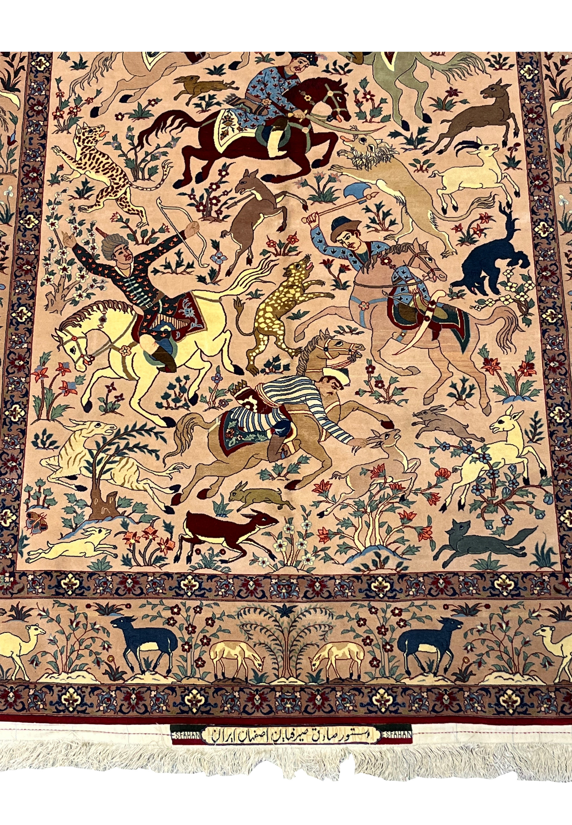 Seirafian master weaver signature on 5x8 fine Persian Isfahan wool silk hunting scene rug