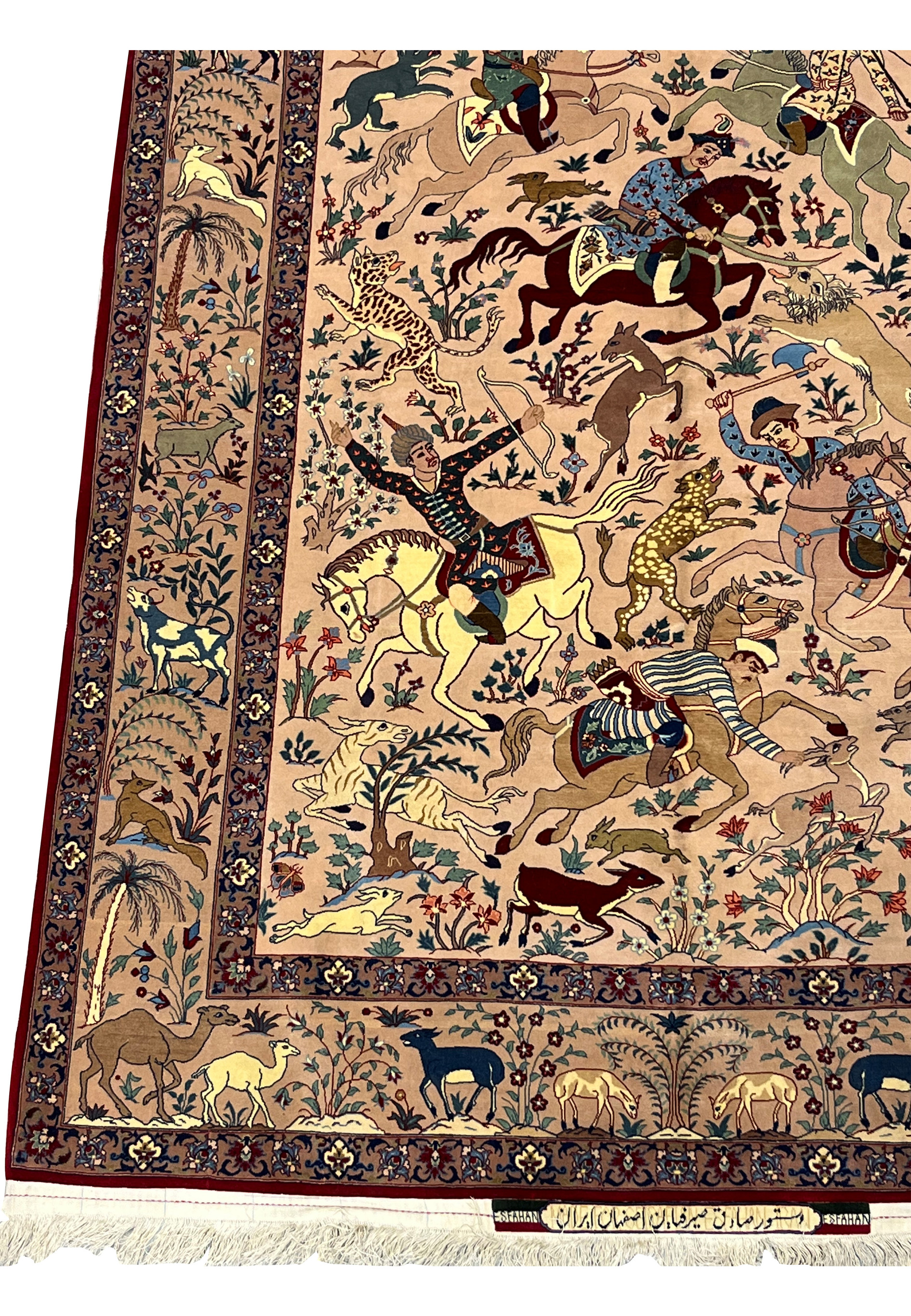 Animal border detail of 5x8 Persian Isfahan Seirafian rug with camels, deer and floral vine