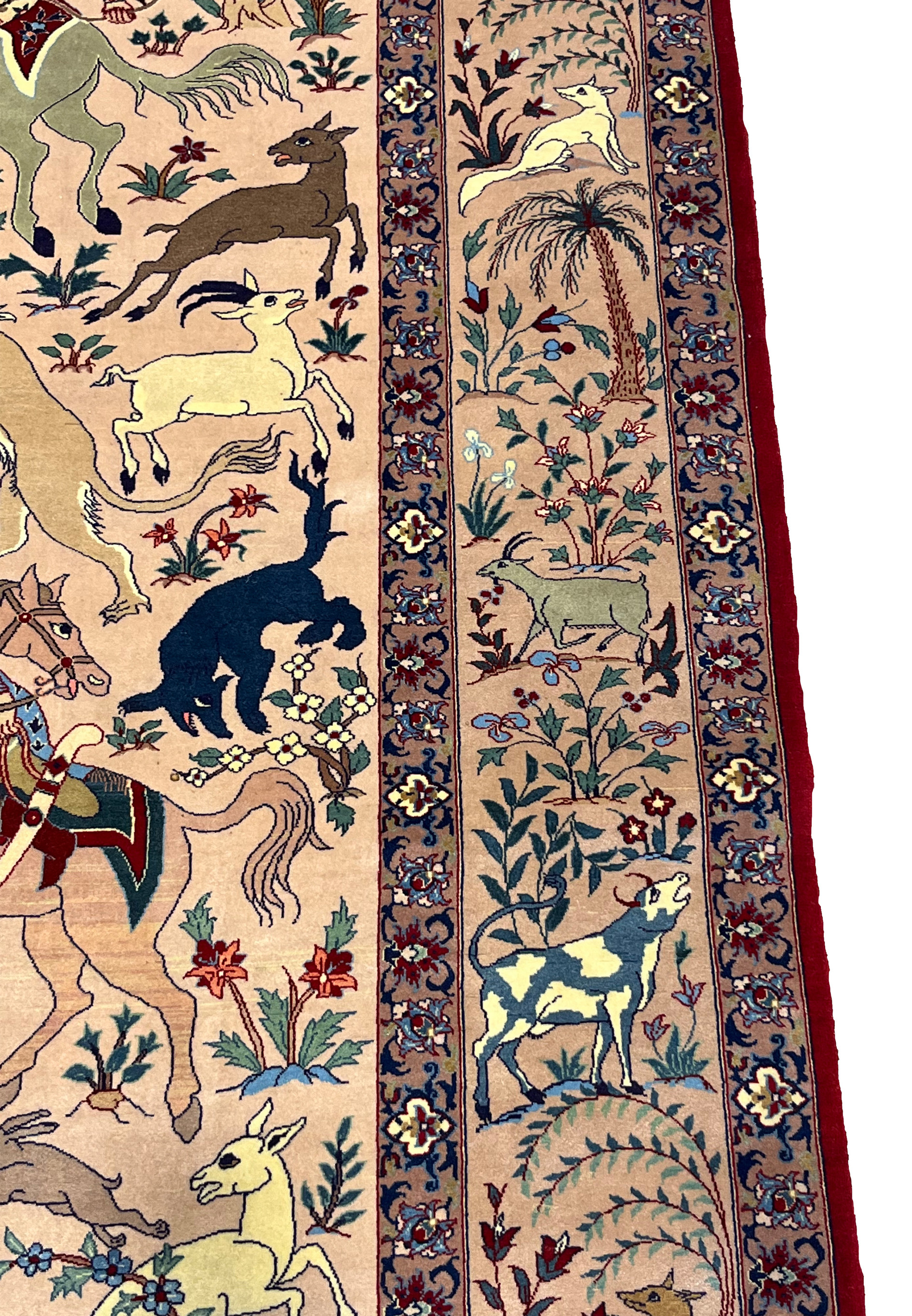 Detailed border view of 5x8 Persian Isfahan Seirafian hunting rug with animals and floral vine
