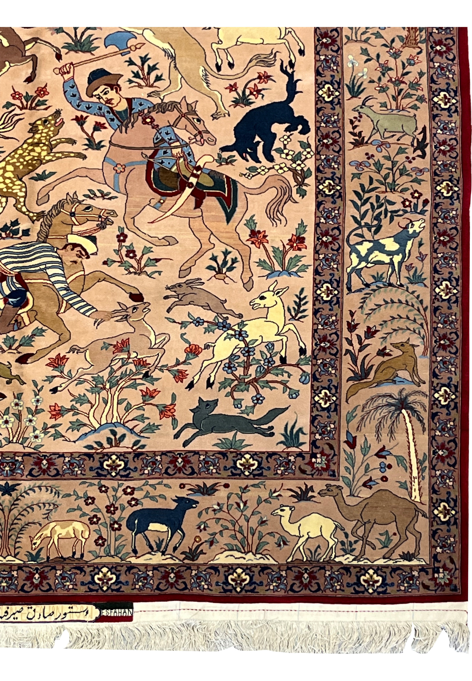 Side border of 5x8 Persian Isfahan Seirafian rug with animal figures, palm trees and flowers