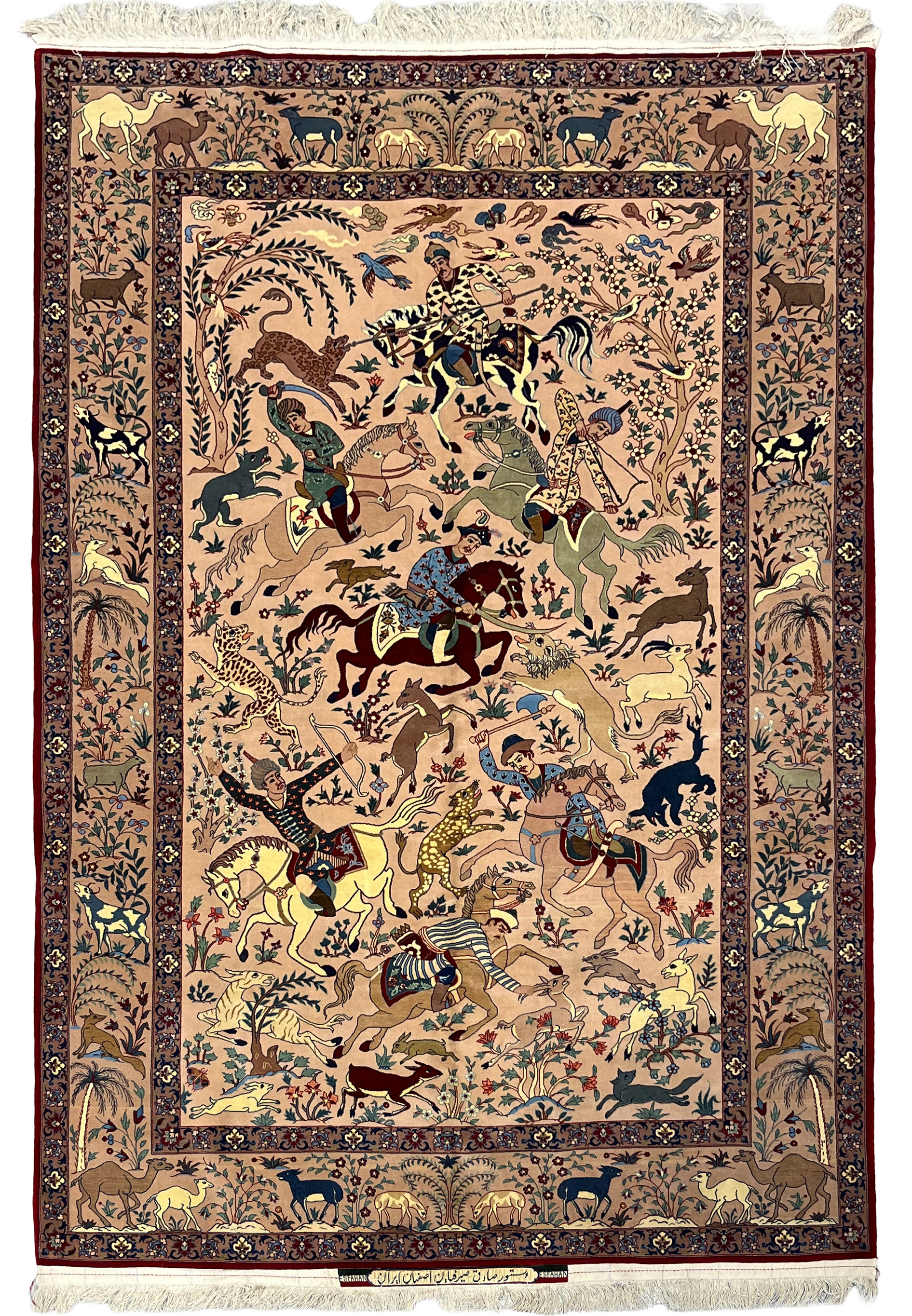 Fine 5x8 Persian Isfahan Seirafian rug with royal hunting scene on blush ground, full view