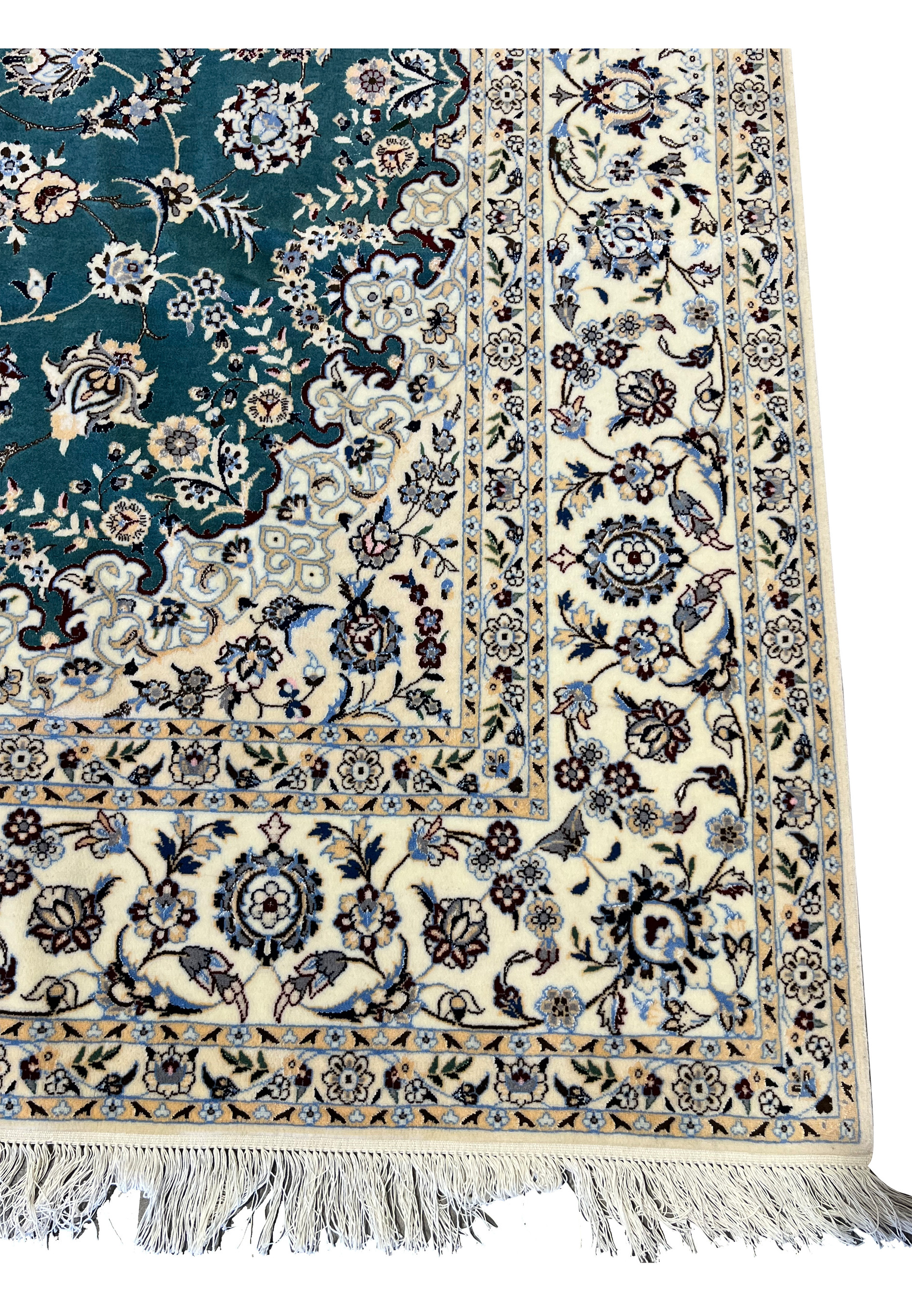 Ivory main border with floral vine on 7x10 Persian Nain 6La Habibian teal and ivory rug