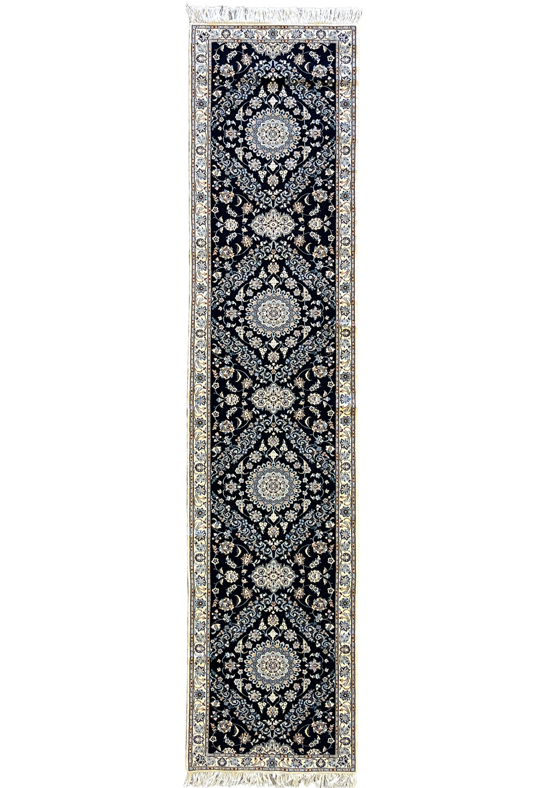 2'9x13 Persian Nain 6La navy blue ivory wool silk multi-medallion runner full view