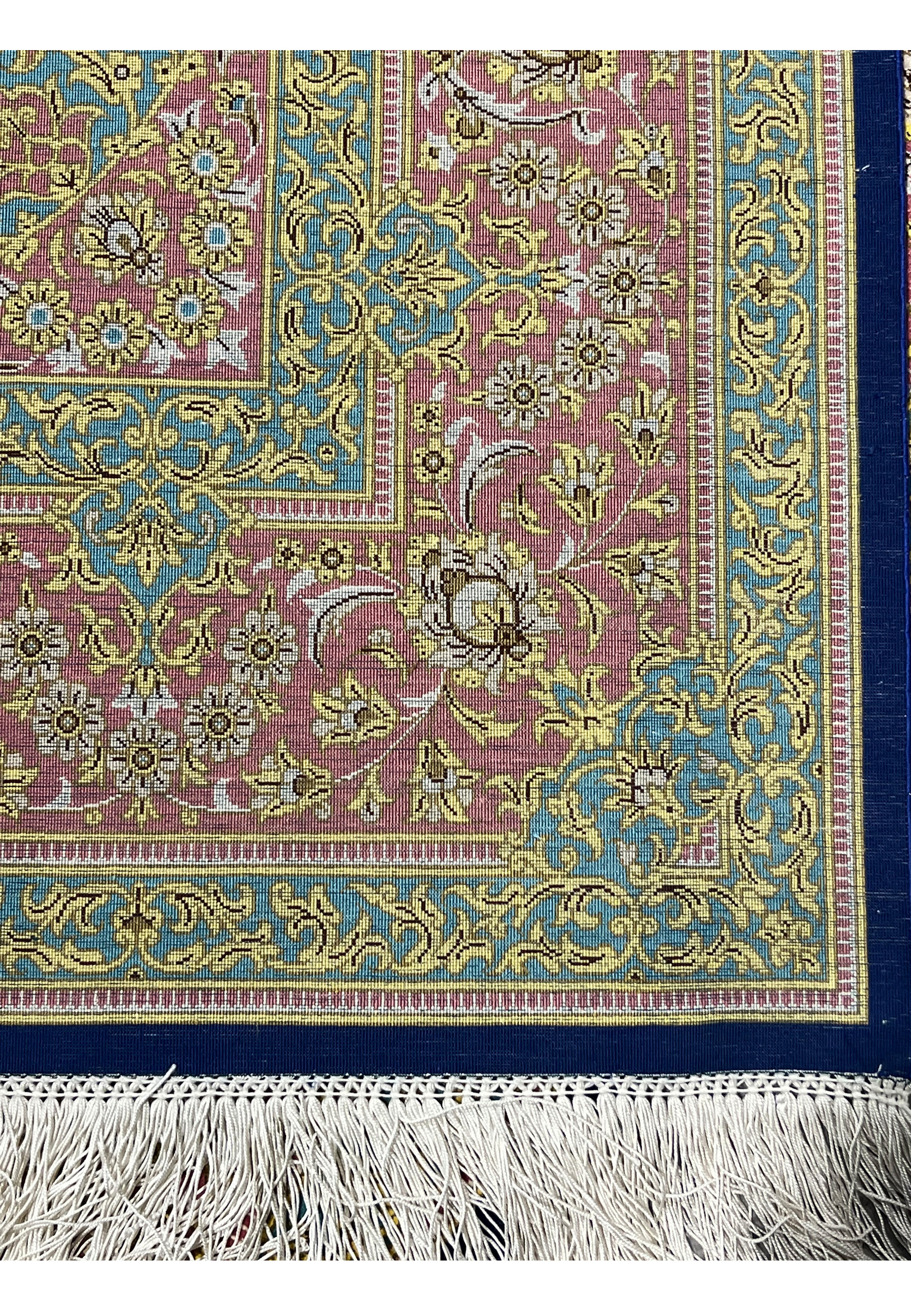 4x6 Persian Qum pure silk rug Kabiri backside showing knot density rose teal gold pattern detail