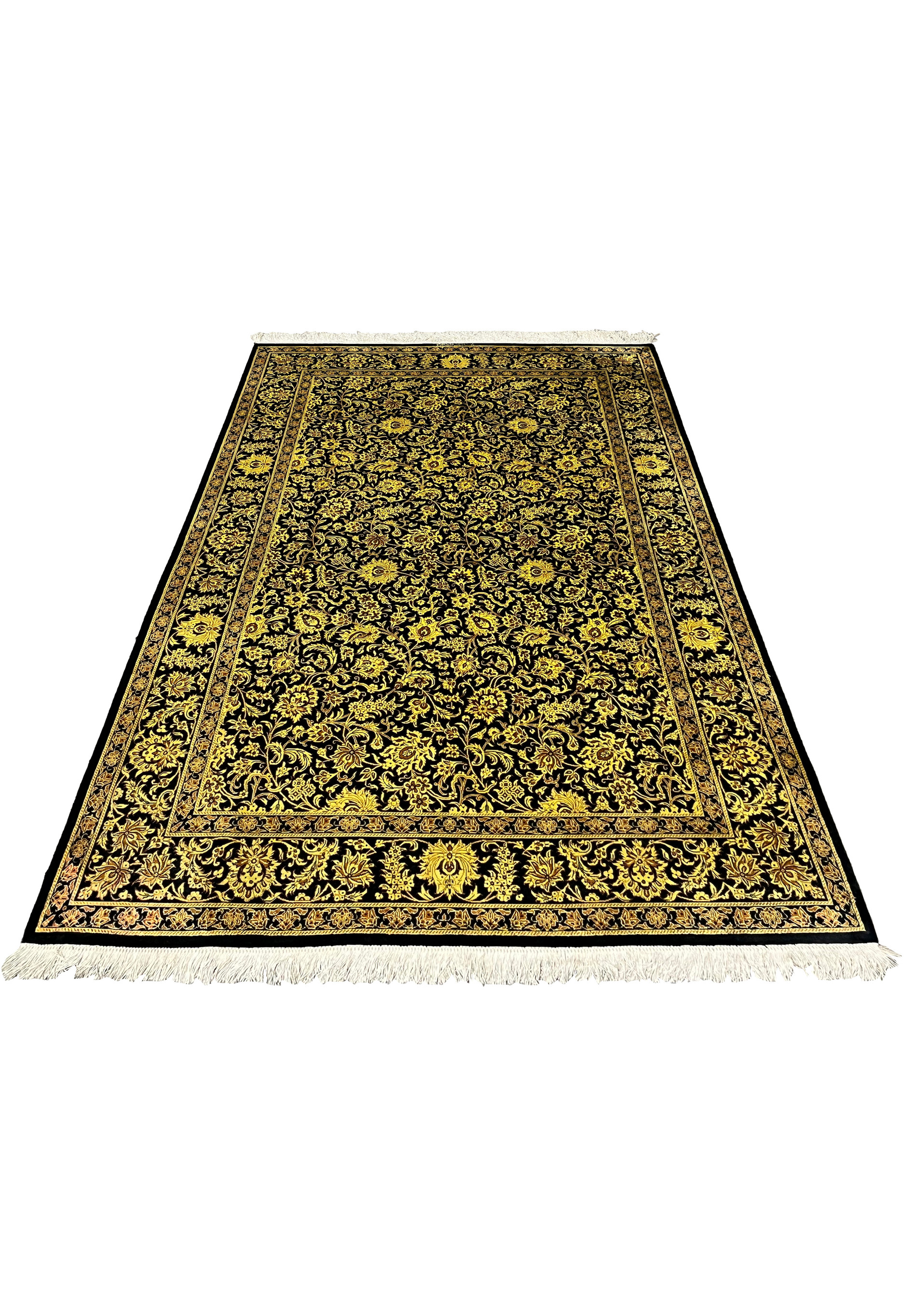 4x6 Persian Qum pure silk rug black gold Versace all-over floral arabesque full view