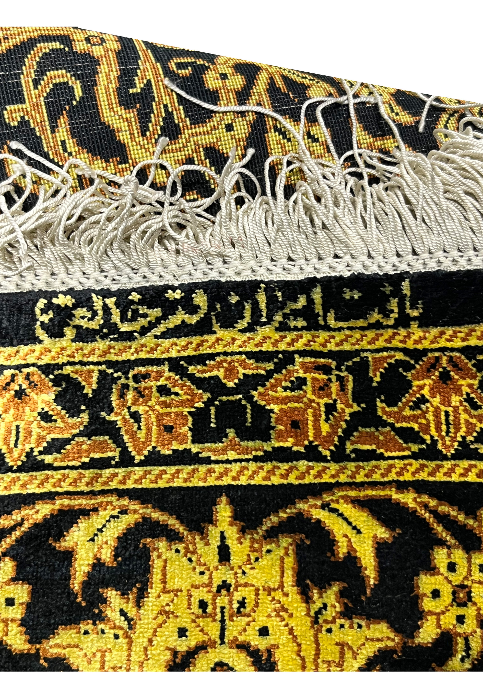 4x6 Persian Qum pure silk rug black gold Versace dense floral arabesque field closeup