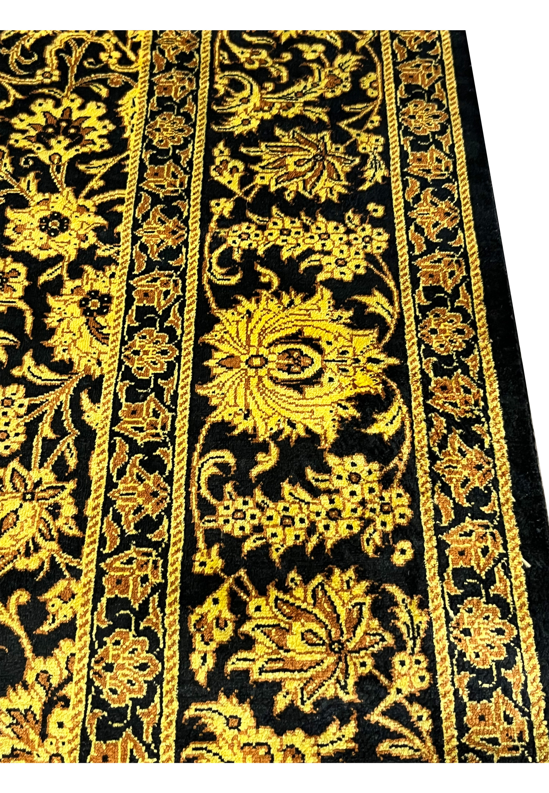 4x6 Persian Qum pure silk rug black gold Versace floral field corner edge fringe detail