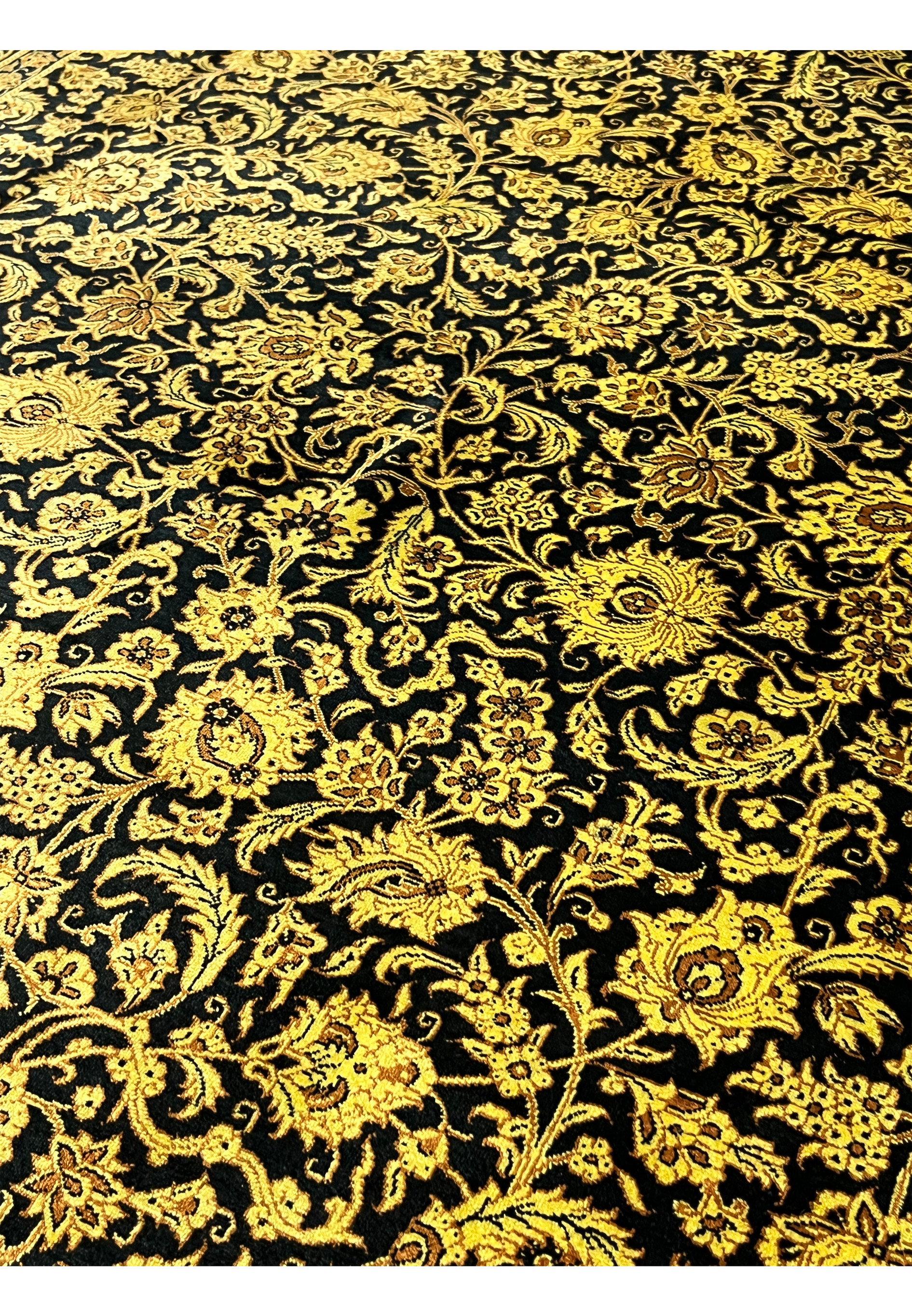 4x6 Persian Qum pure silk rug black gold Versace sunflower floral lower border fringe detail