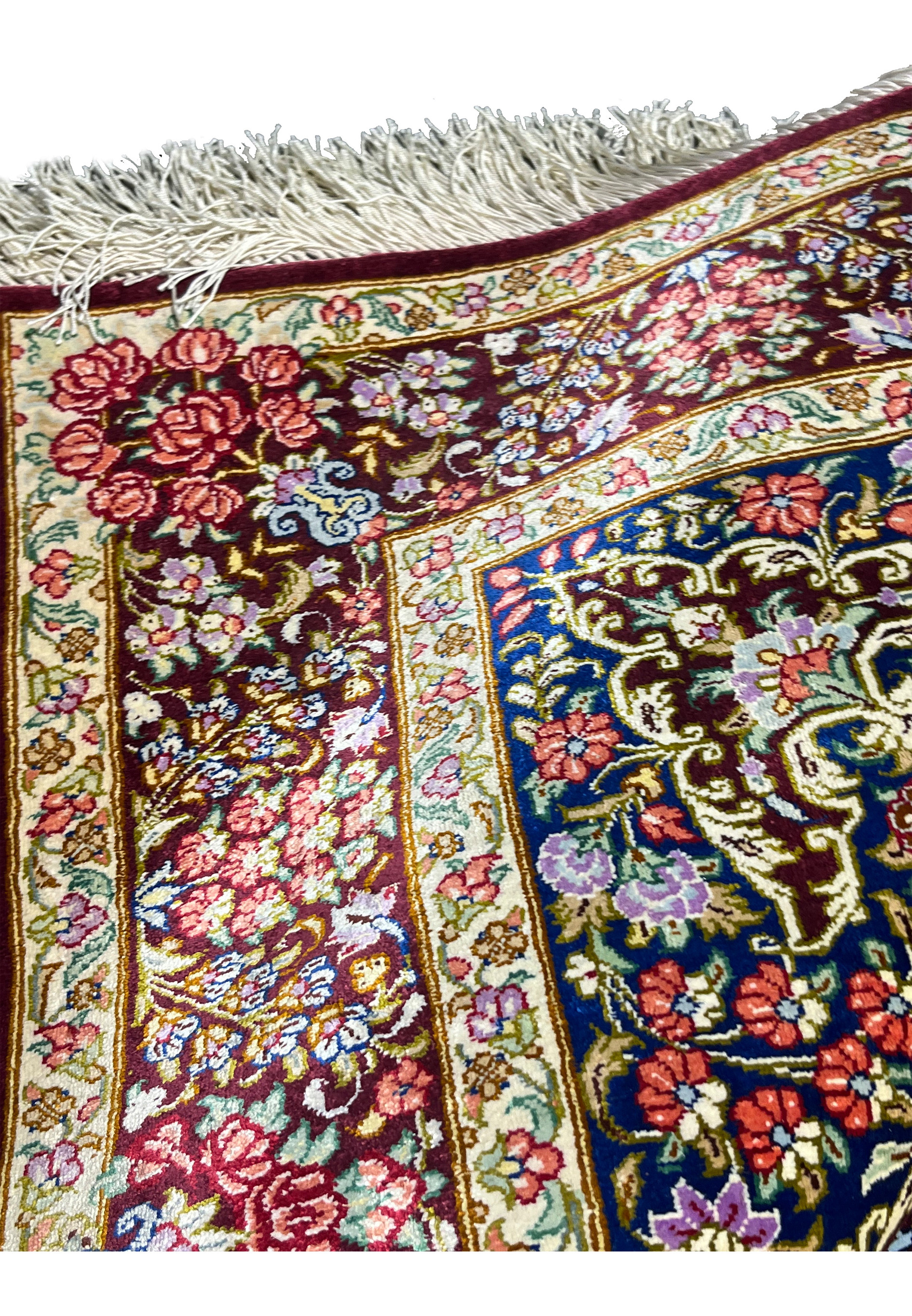 3x5 Persian Qum pure silk rug Varmaluei burgundy navy gold multicolor medallion angled view