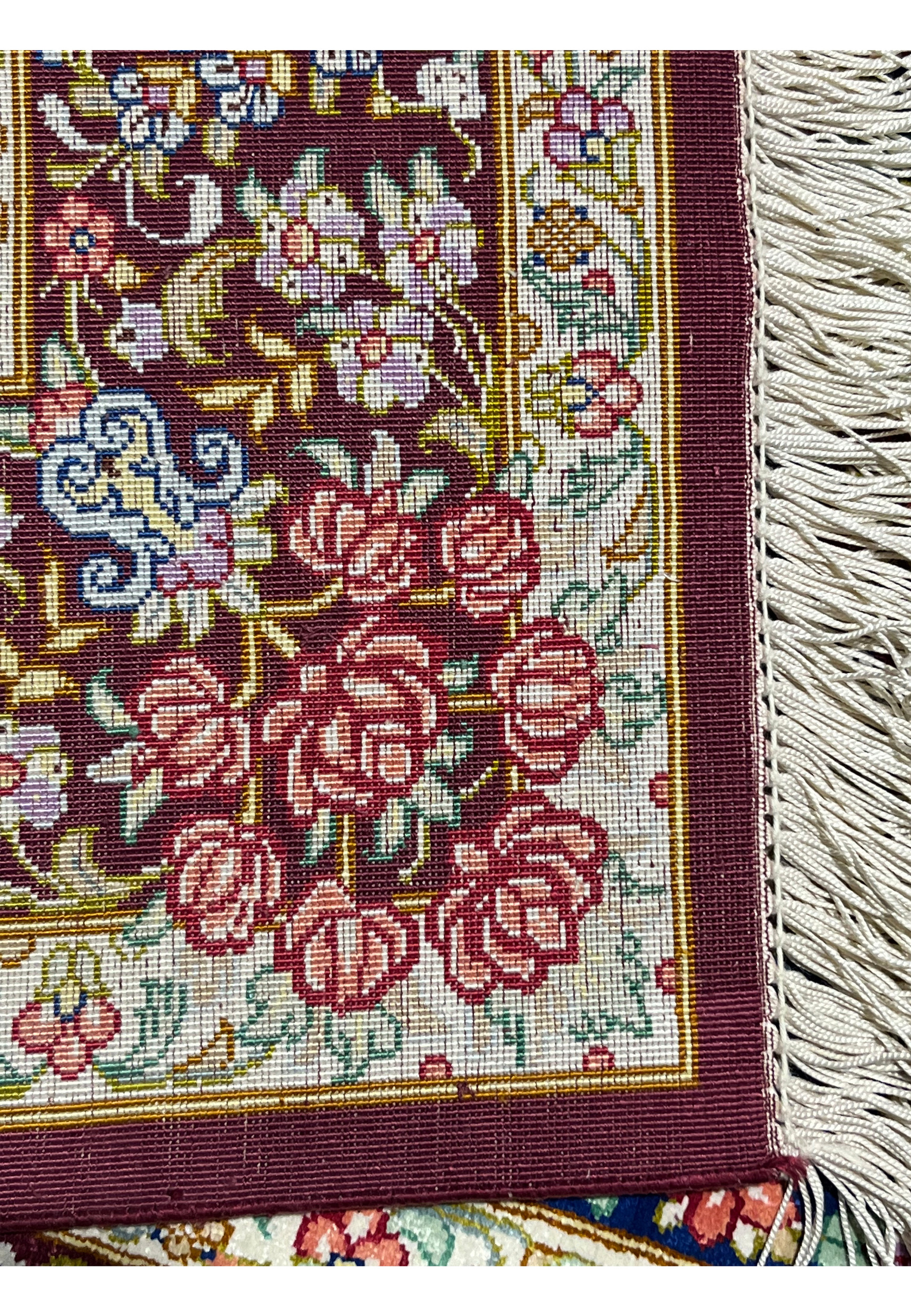 3x5 Persian Qum pure silk rug Varmaluei burgundy navy ivory gold coral border corner edge