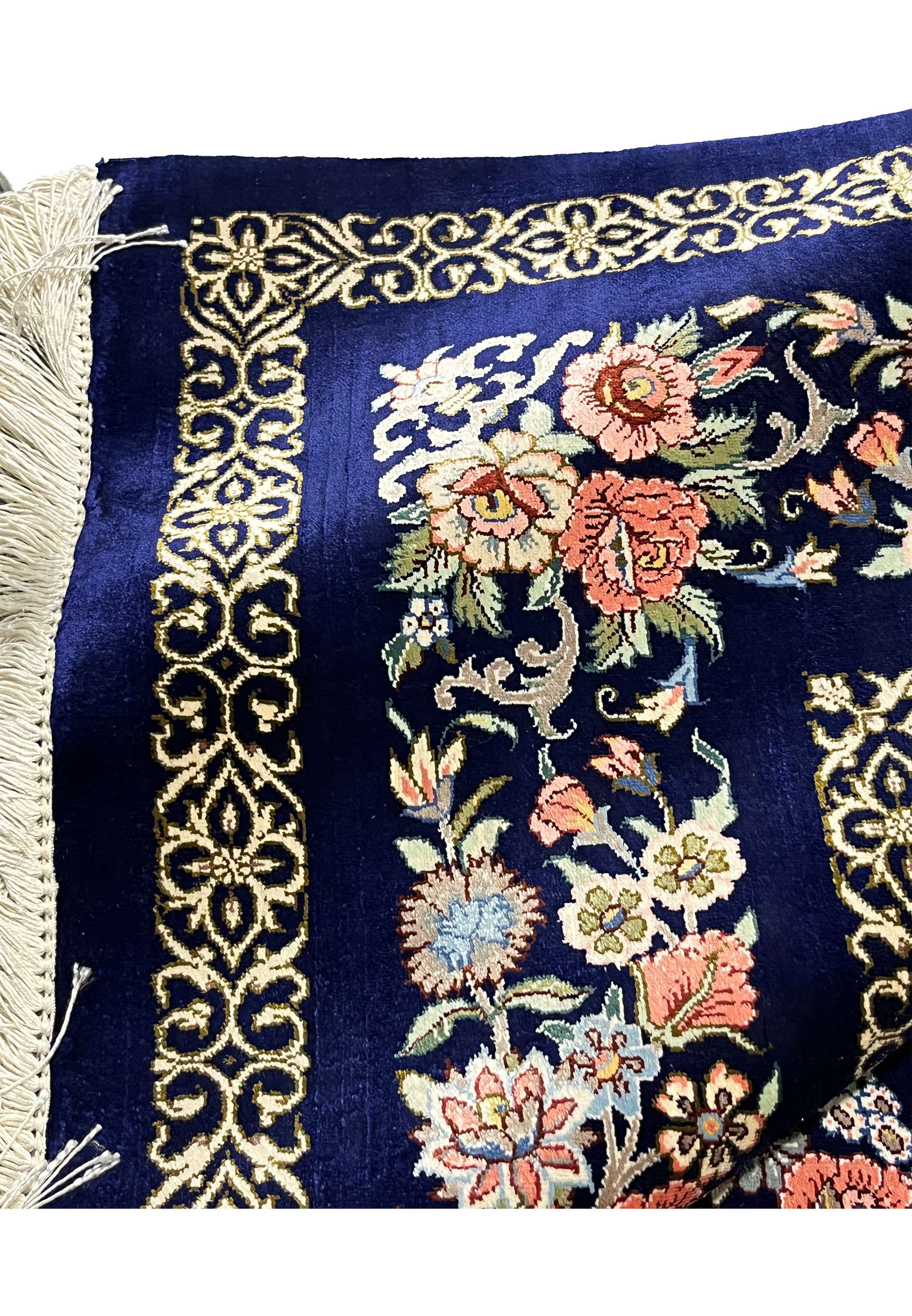 3x5 Persian Qum pure silk rug signed folded corner edge silk pile navy gold border detail