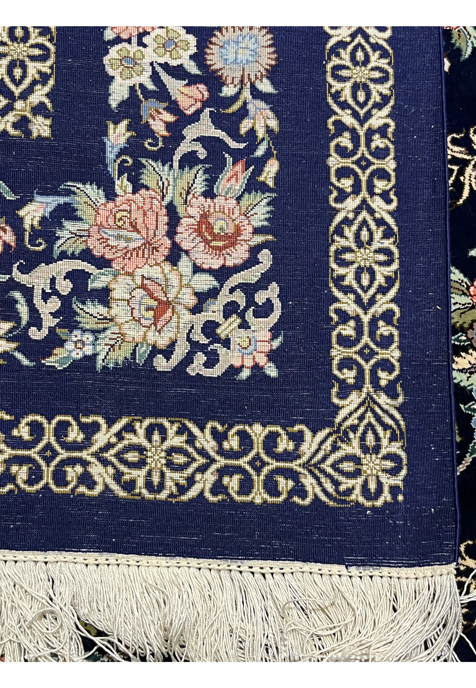 3x5 Persian Qum pure silk rug signed backside knot structure navy blue foundation detail