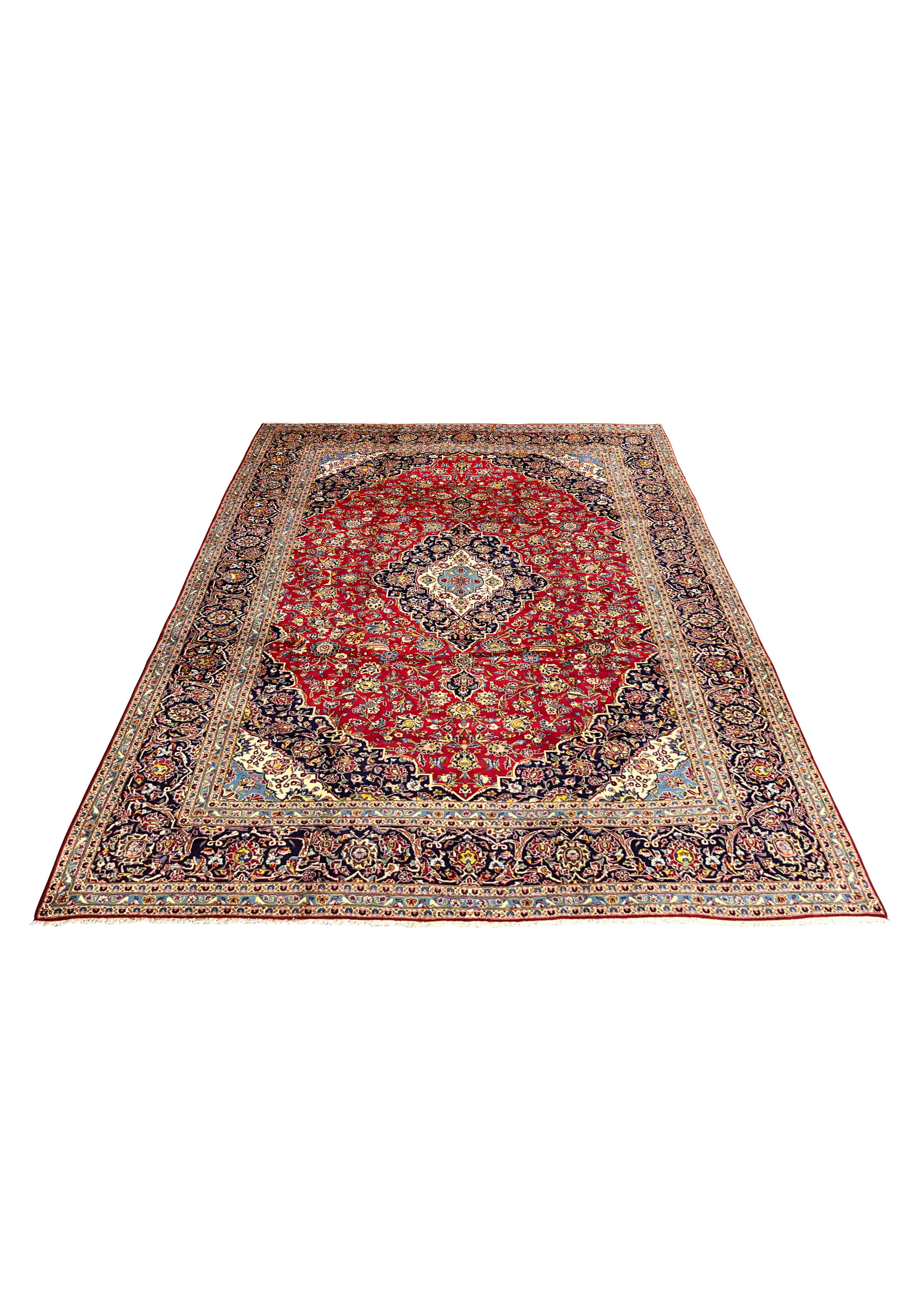 10x14'7 Persian Kashan rug featured on Shark Tank crimson navy medallion floral laid flat view