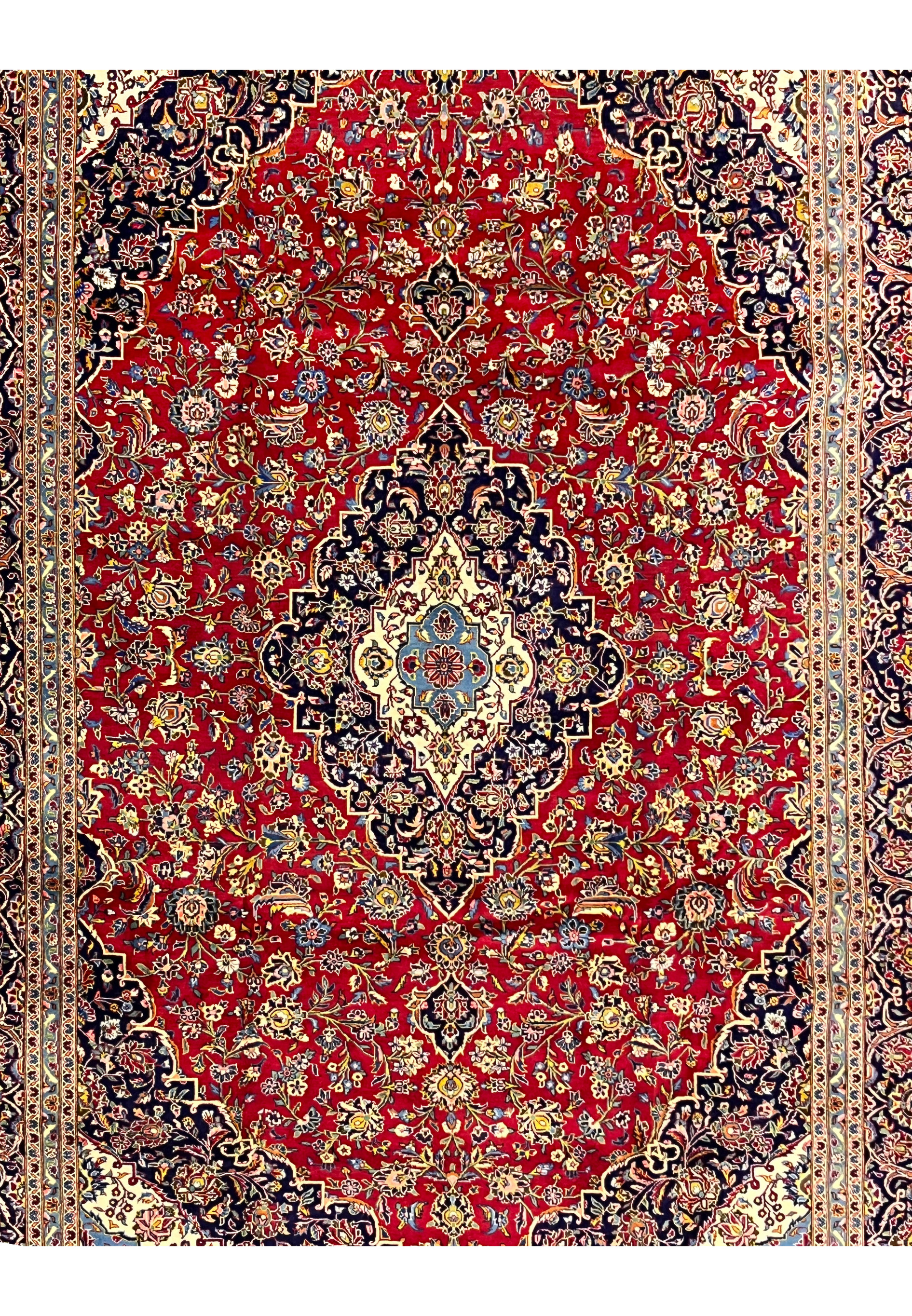 10x14'7 Persian Kashan rug featured on Shark Tank crimson red floral arabesque midfield detail