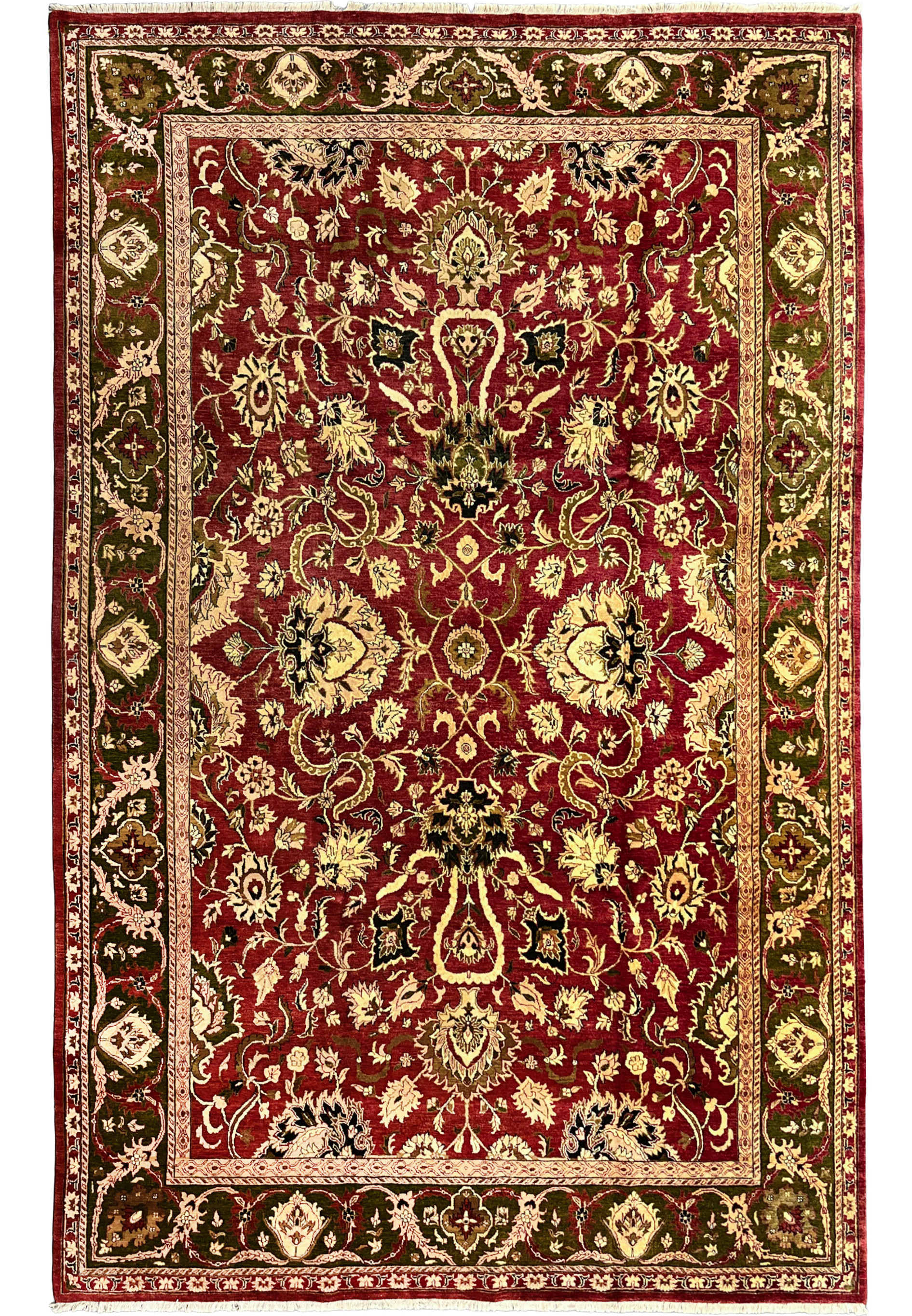 10x15 Oriental Agra rug allover scrolling floral crimson red olive green full view