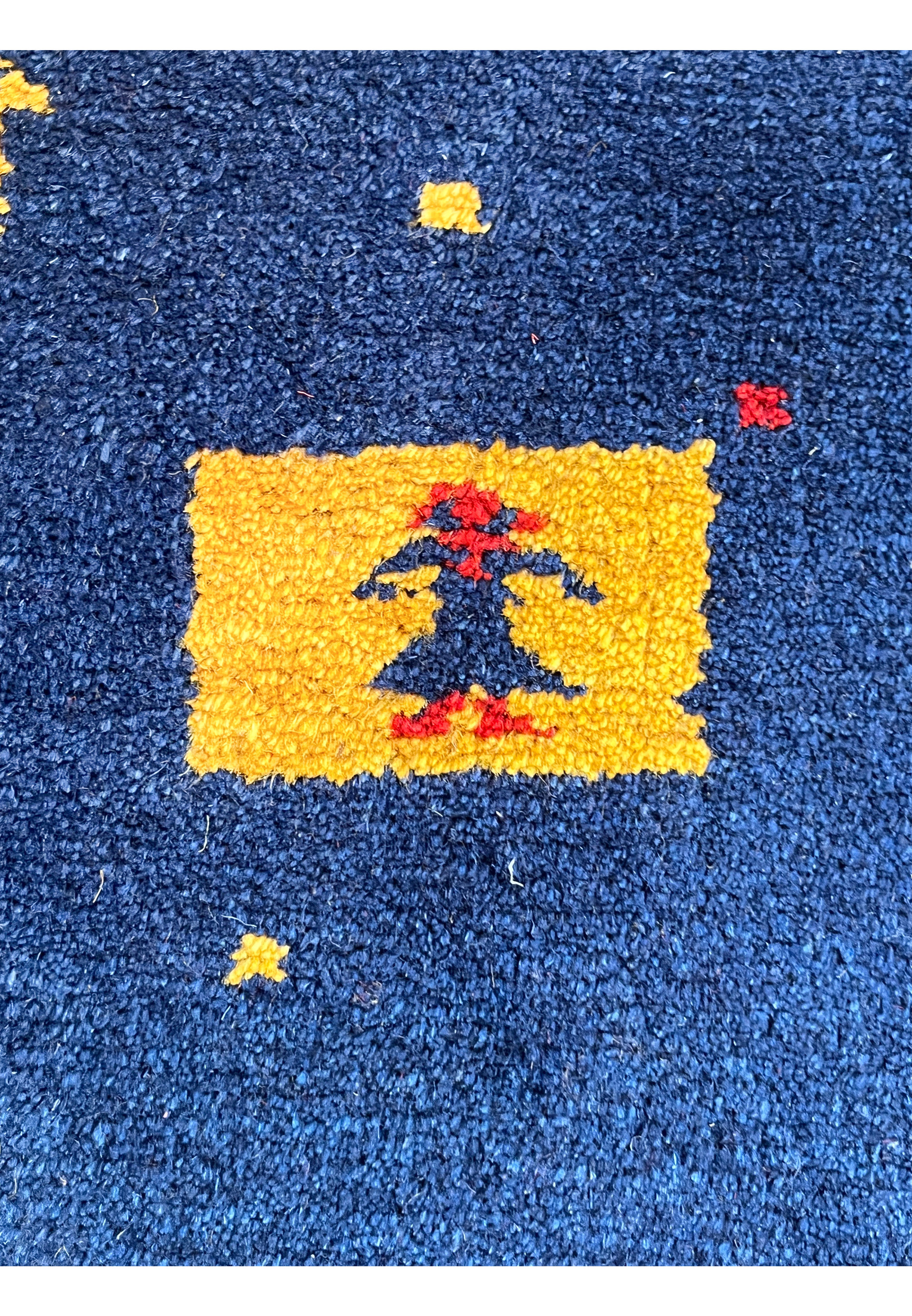 1'3x2 Persian Gabbeh baby rug Poshti yellow gold tree figure cobalt blue field pattern