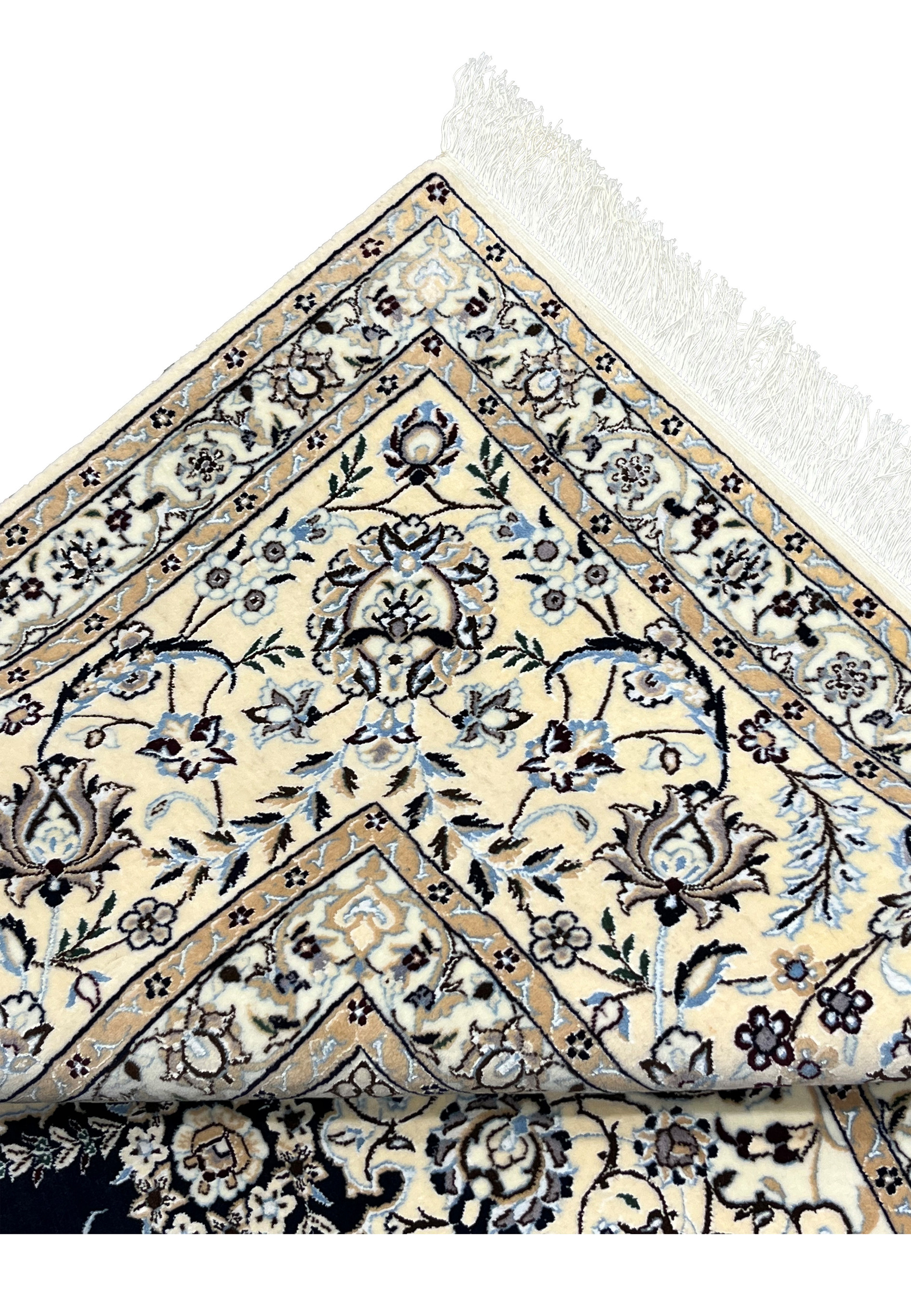 9x12 Persian Nain Habibian 6La rug folded edge ivory border selvage fringe detail closeup