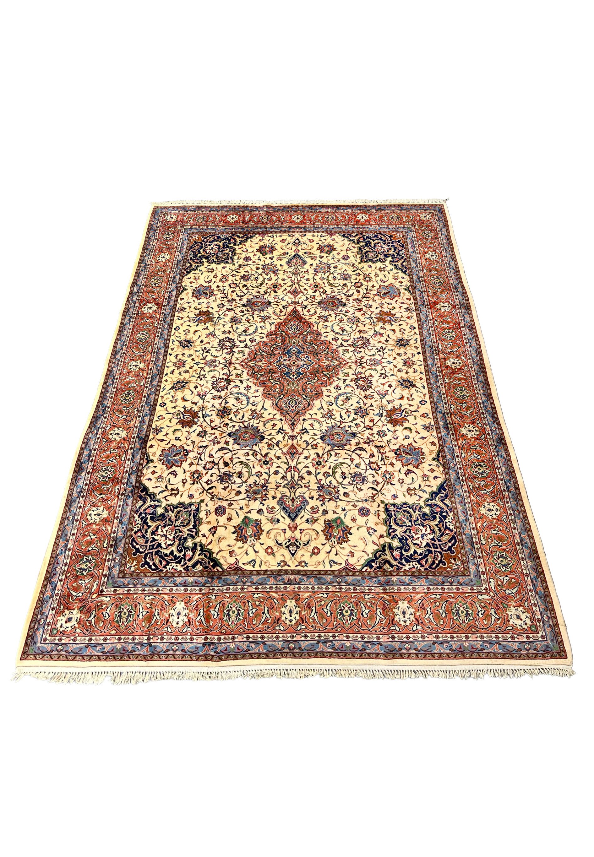 9x13 Persian Sarough rug laid flat ivory field rust border floral medallion full layout