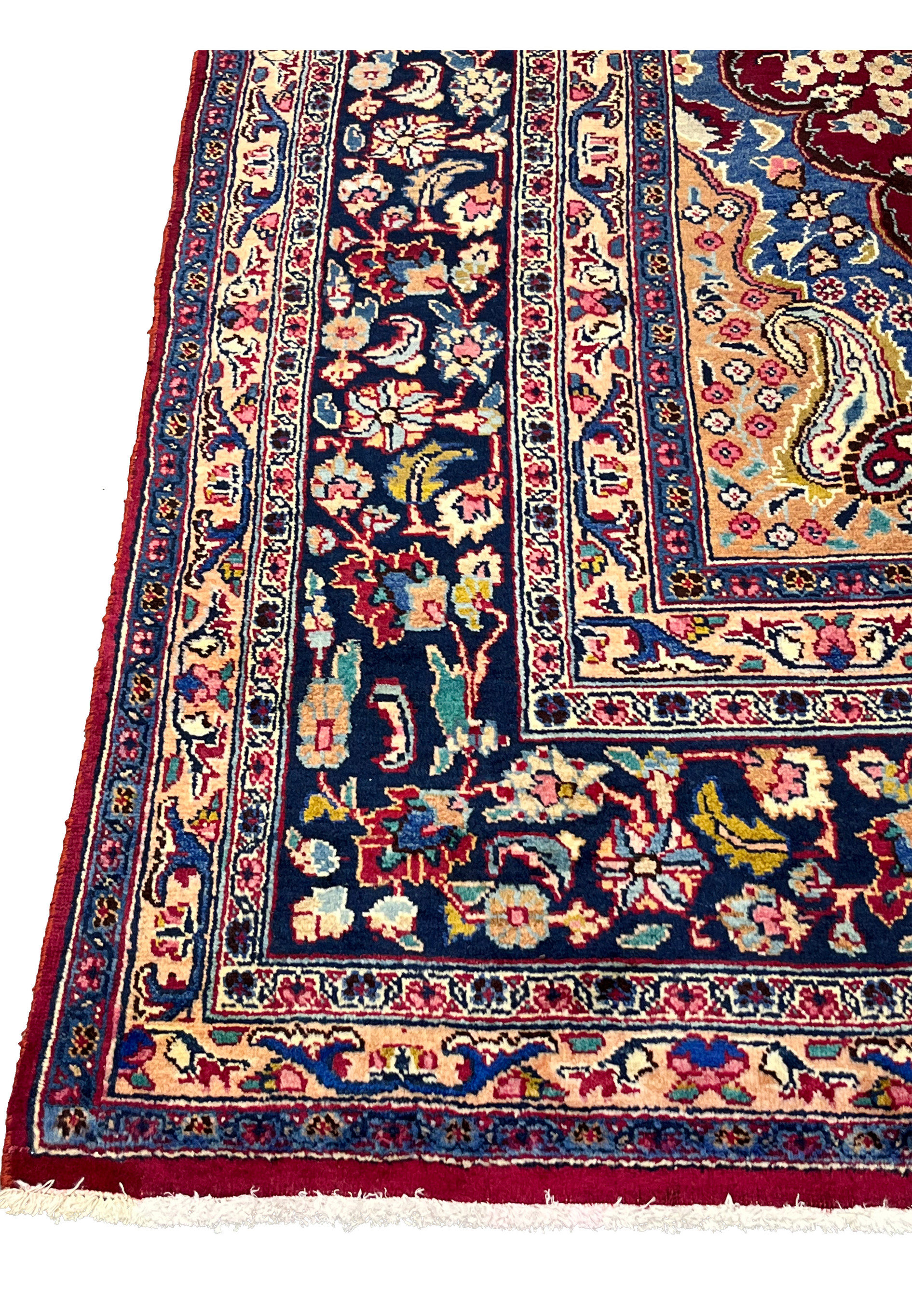 10x13 distressed antique Persian Mashad rug navy main border floral vines rosettes paisley