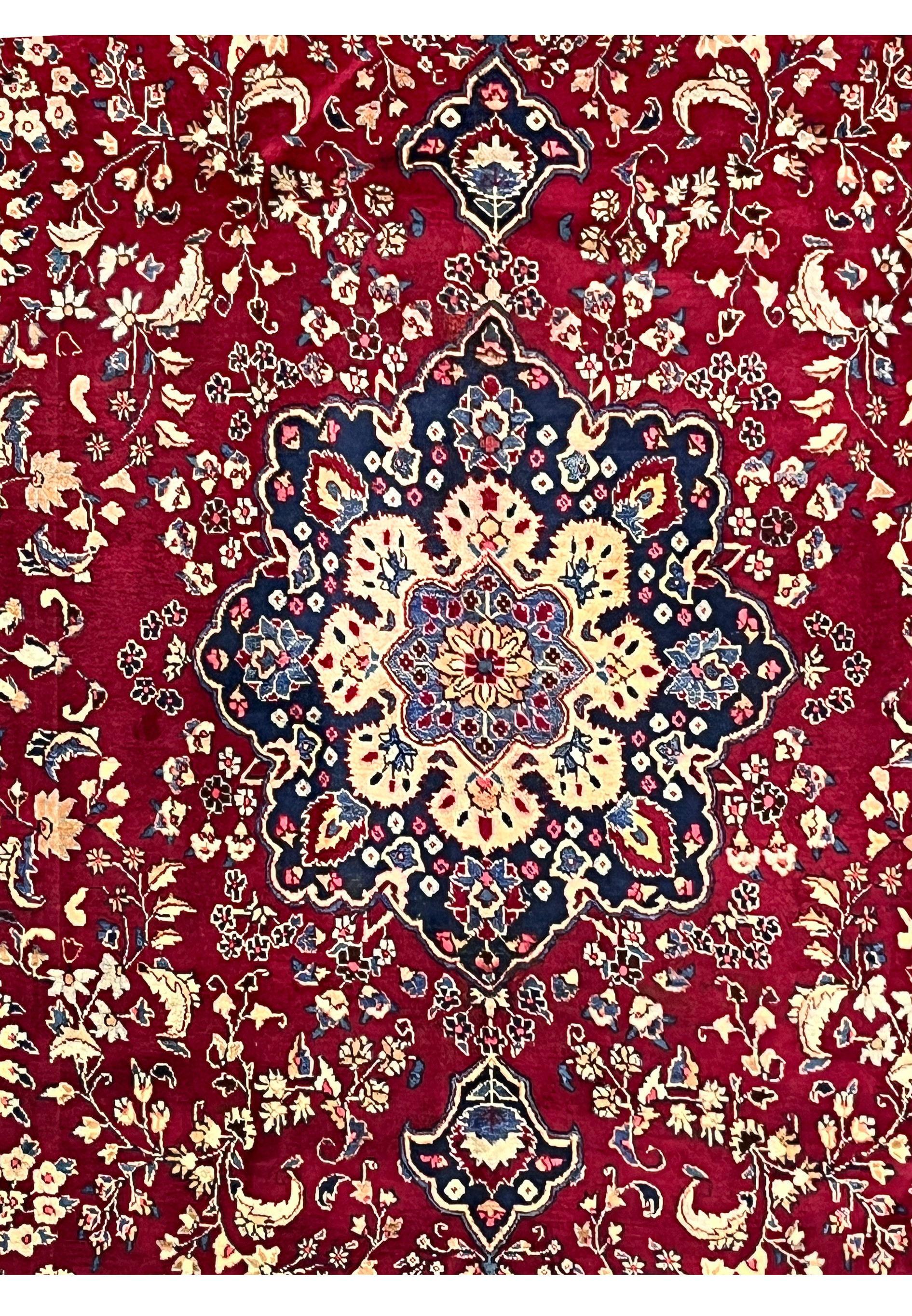 10x13 distressed antique Persian Mashad rug center medallion navy ivory pink star rosette