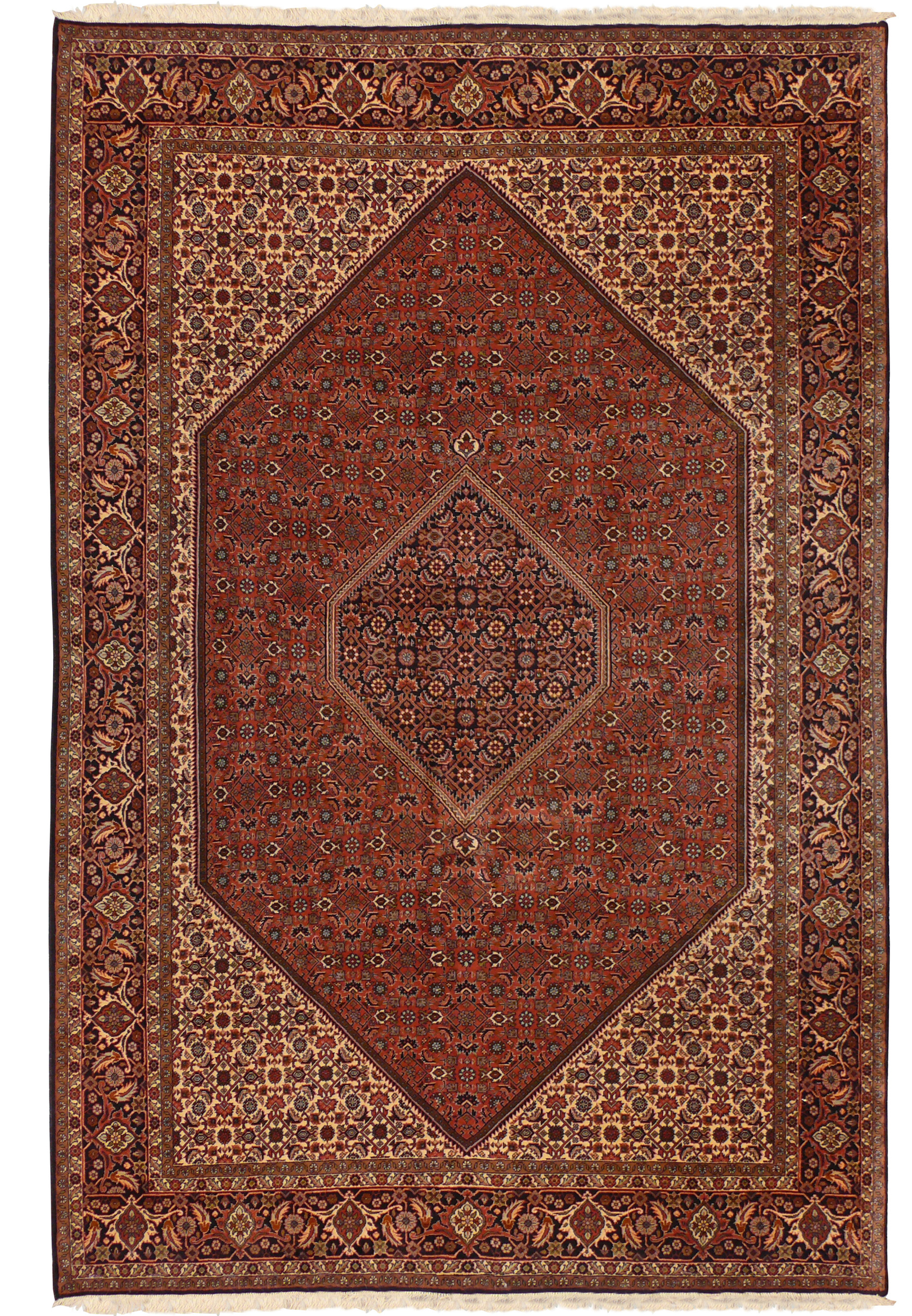 Authentic 7x10 Persian Bijar iron rug full view, rust red field with navy diamond and ivory corners