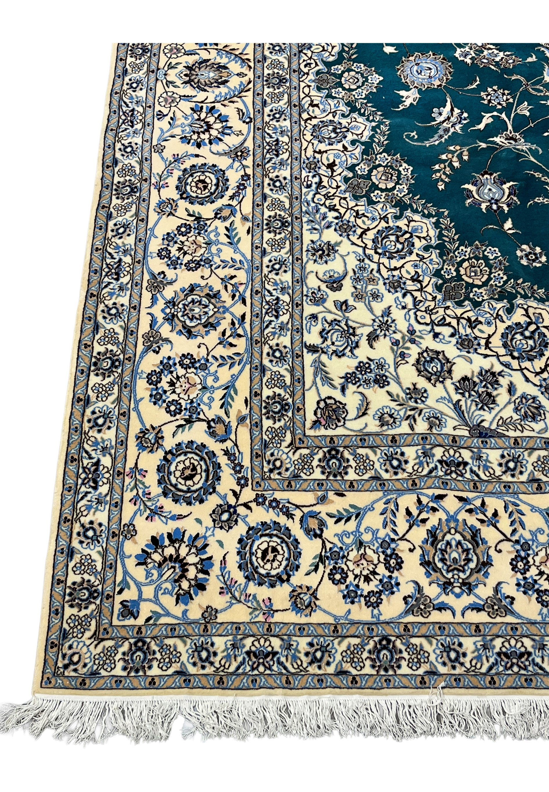 Ivory main border with symmetrical palmettes and delicate vine scrolls in hand-knotted wool and silk