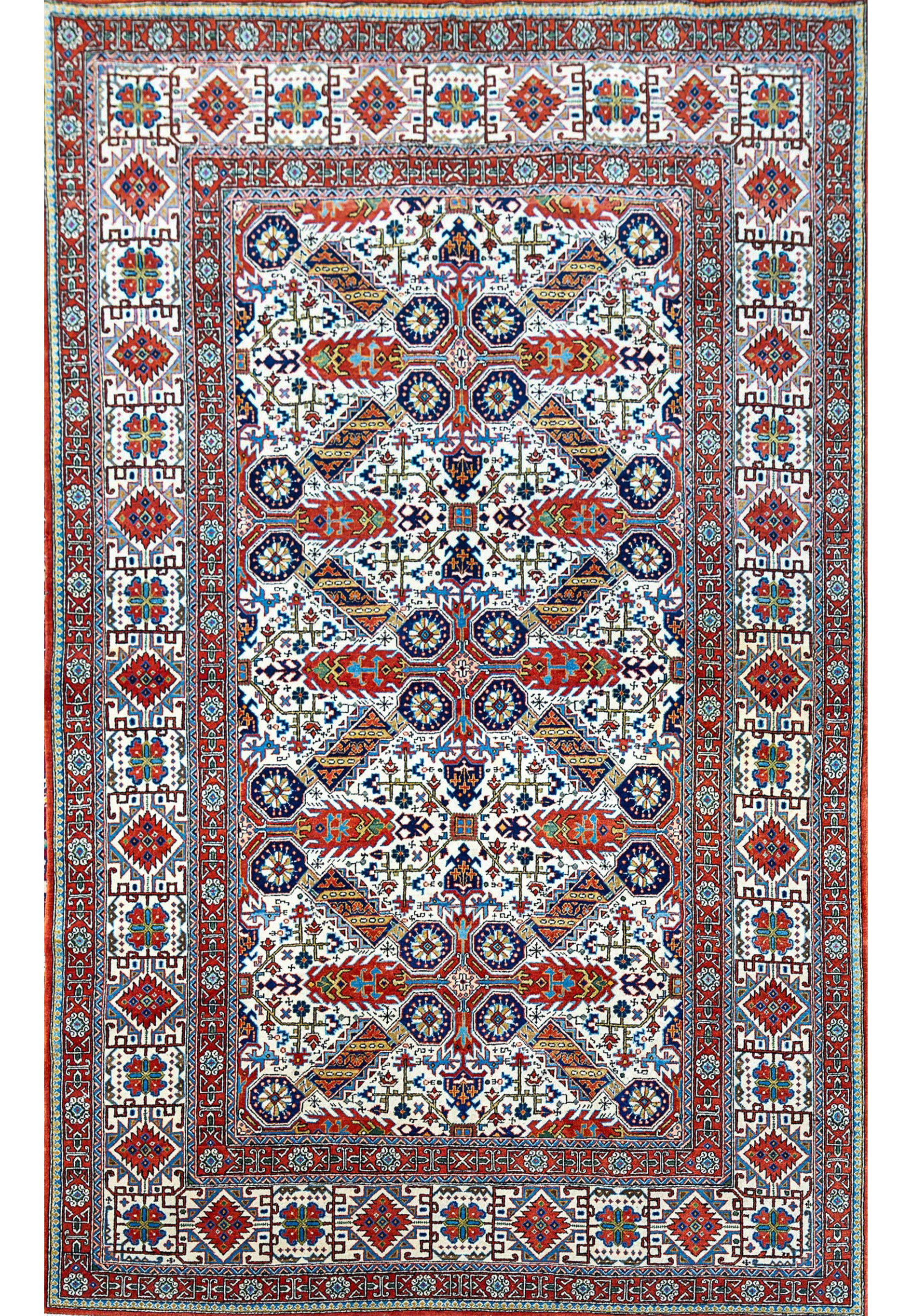 Authentic 4'5 x 7'2 Persian Qum kork wool rug full view with geometric allover tribal design on ivory field
