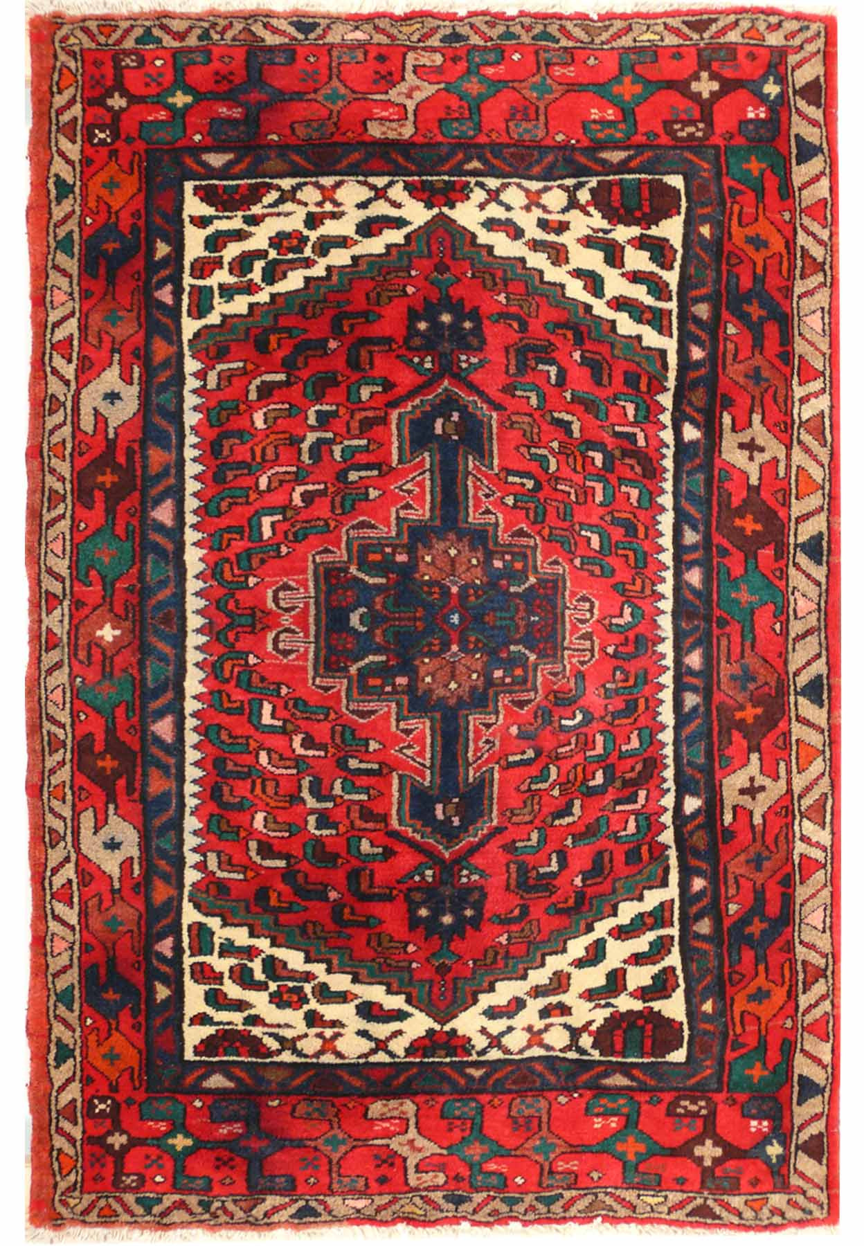 Full view of the 3'5 x 5 Persian Hamedan rug with traditional designs