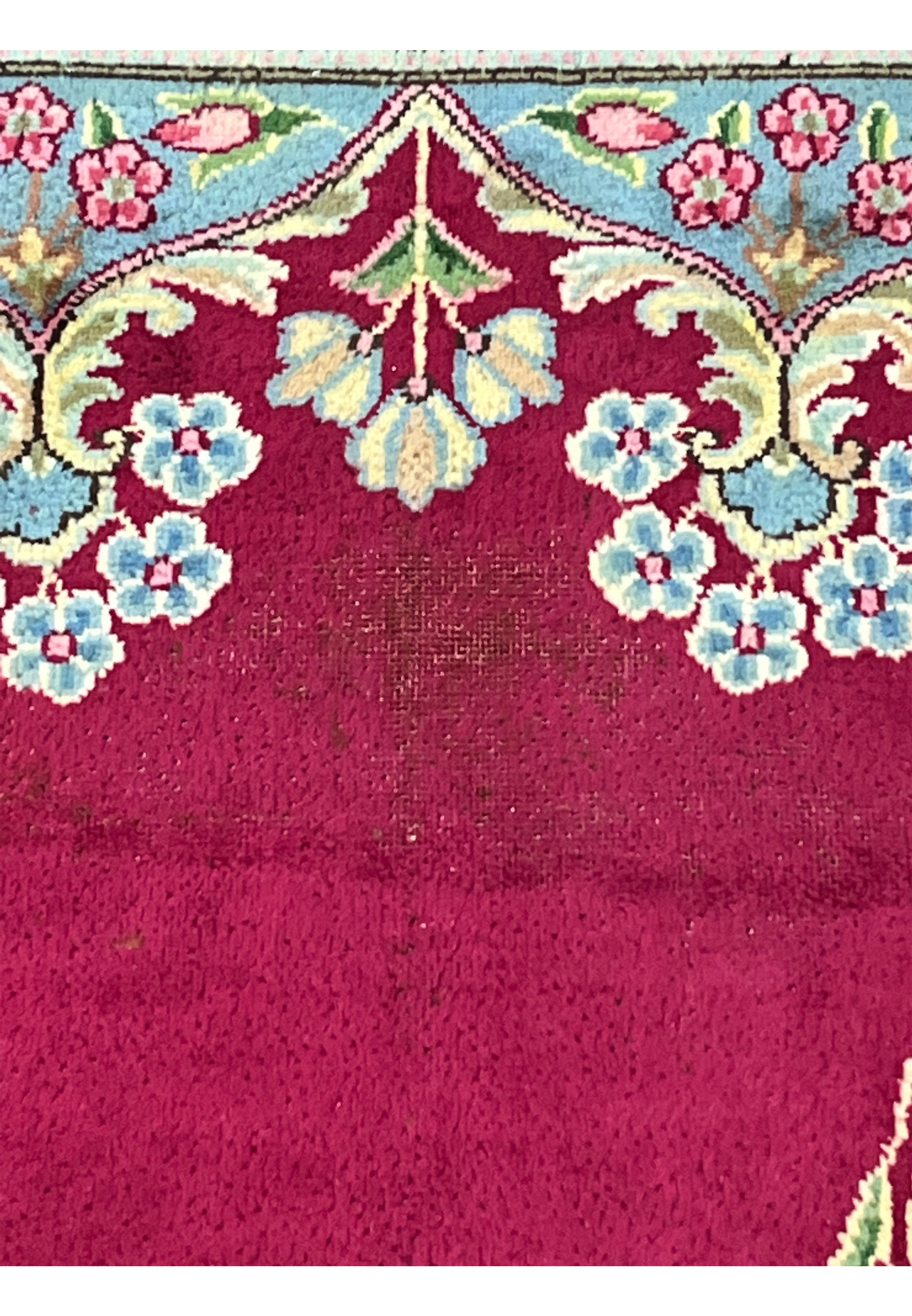 10x14 Persian Kerman rug distressed low pile area field detail closeup