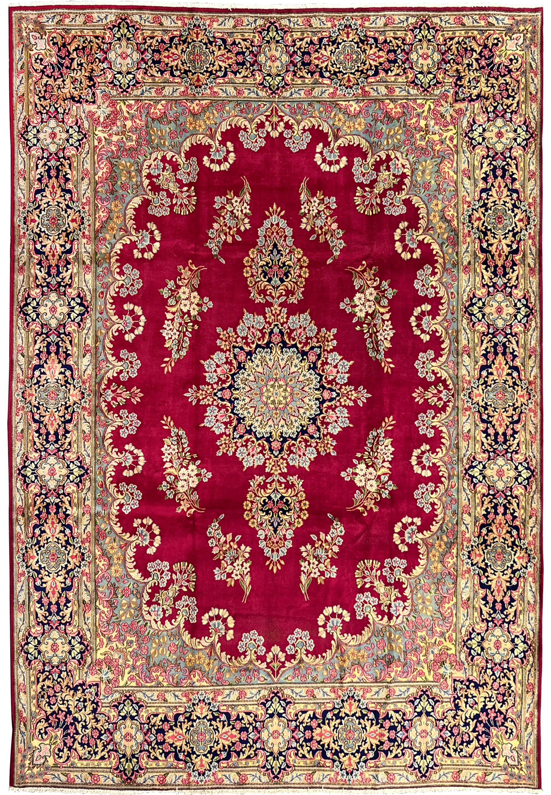 10x14 Persian Kerman rug medallion floral crimson red navy full view