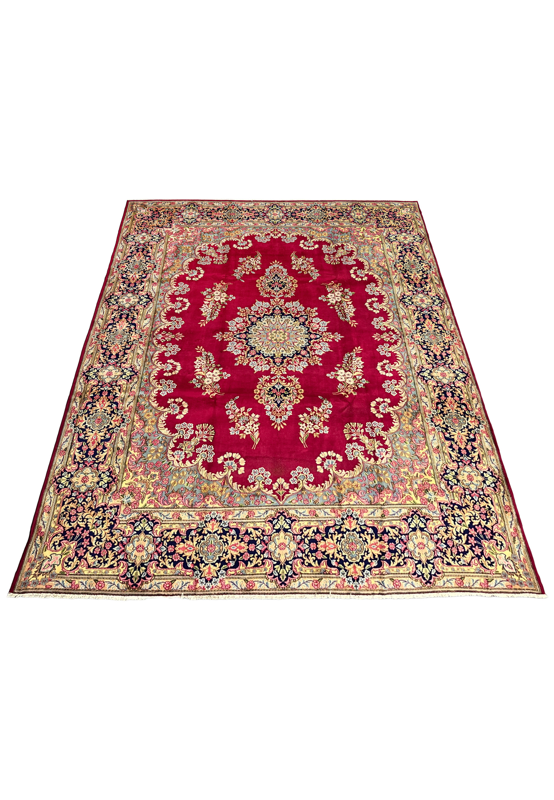 10x14 Persian Kerman rug medallion floral crimson red navy ivory laid flat view