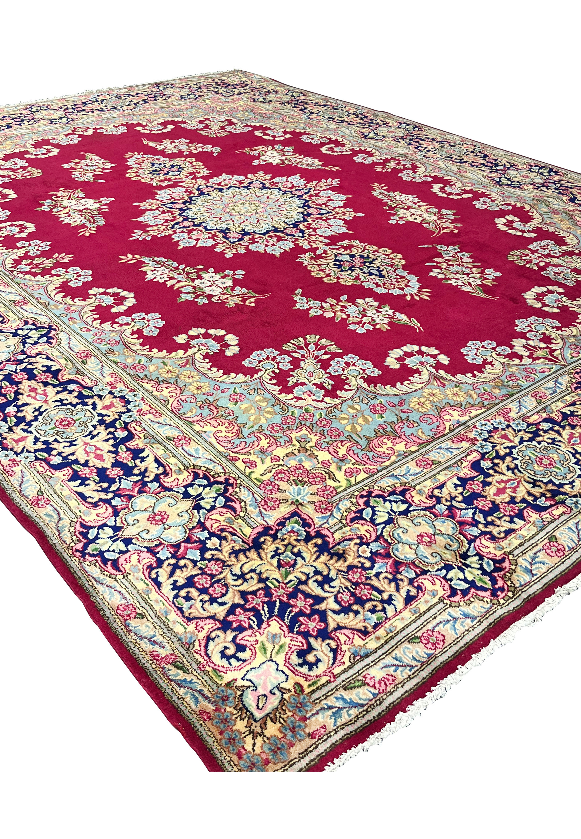 10x14 Persian Kerman rug medallion floral crimson red navy angled view