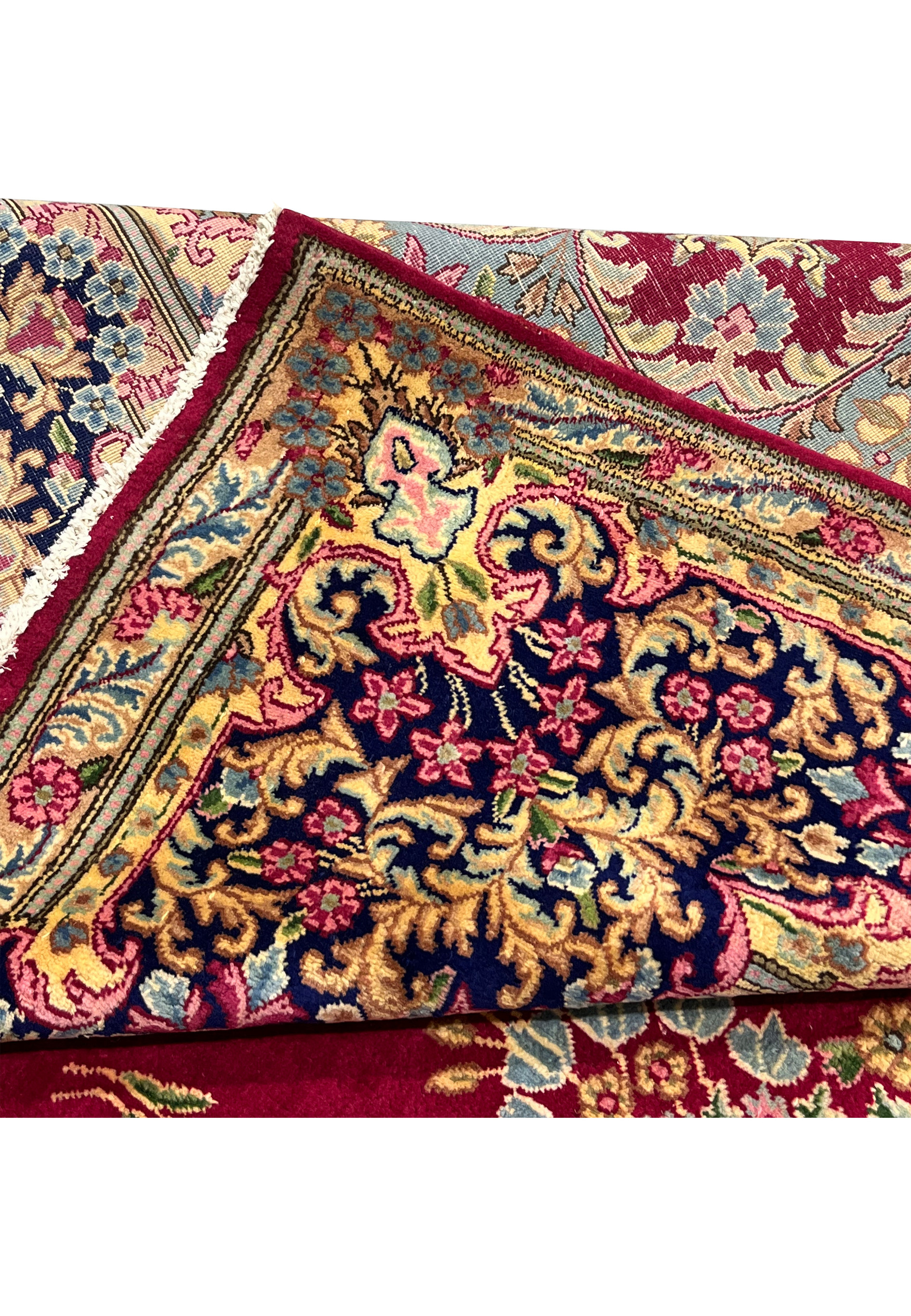 10x14 Persian Kerman rug folded edge corner navy border ivory fringe detail